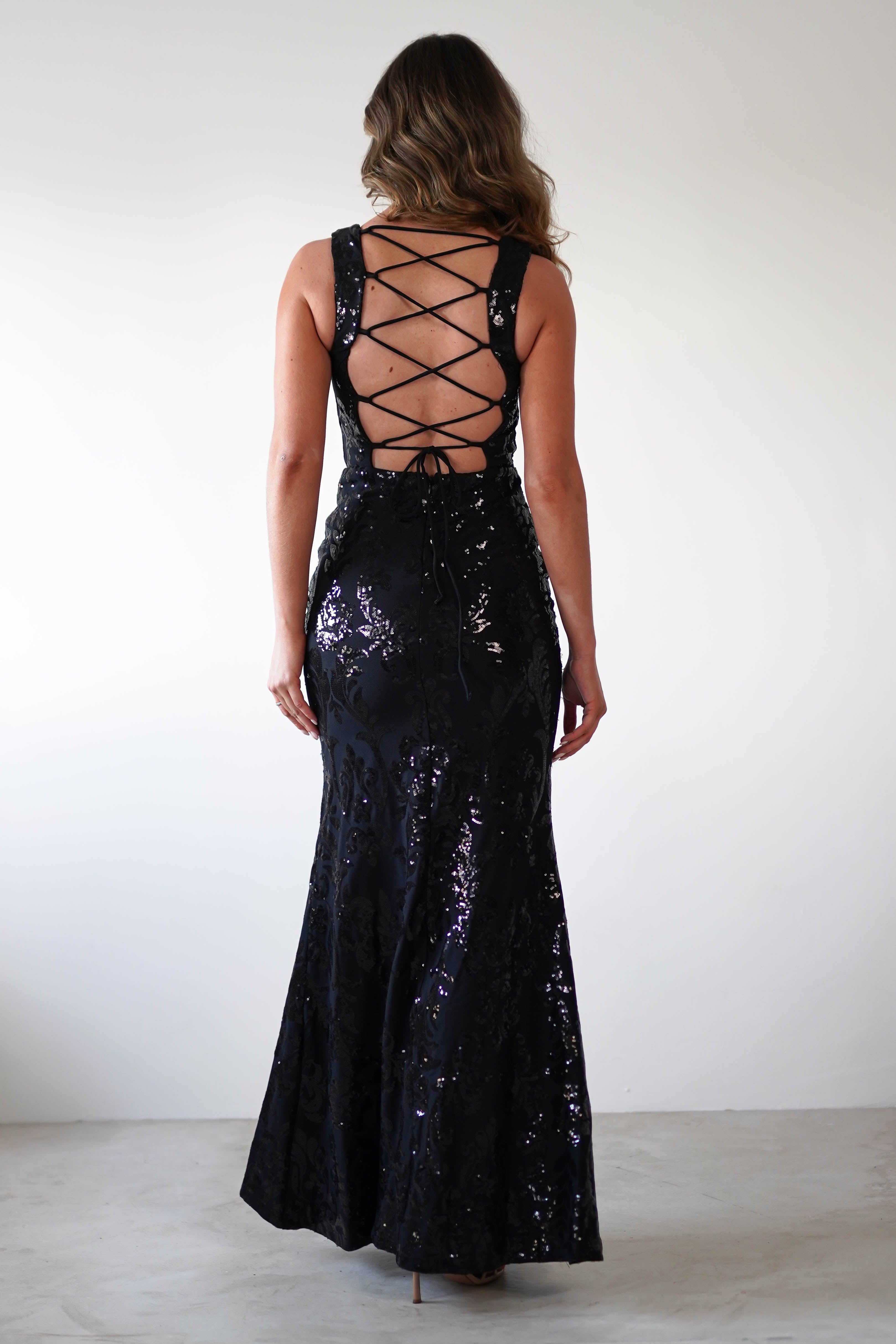 Nadia Square Neck Sequin Gown | Black | Debs & Prom | Formal Gown | Oh Hello Clothing