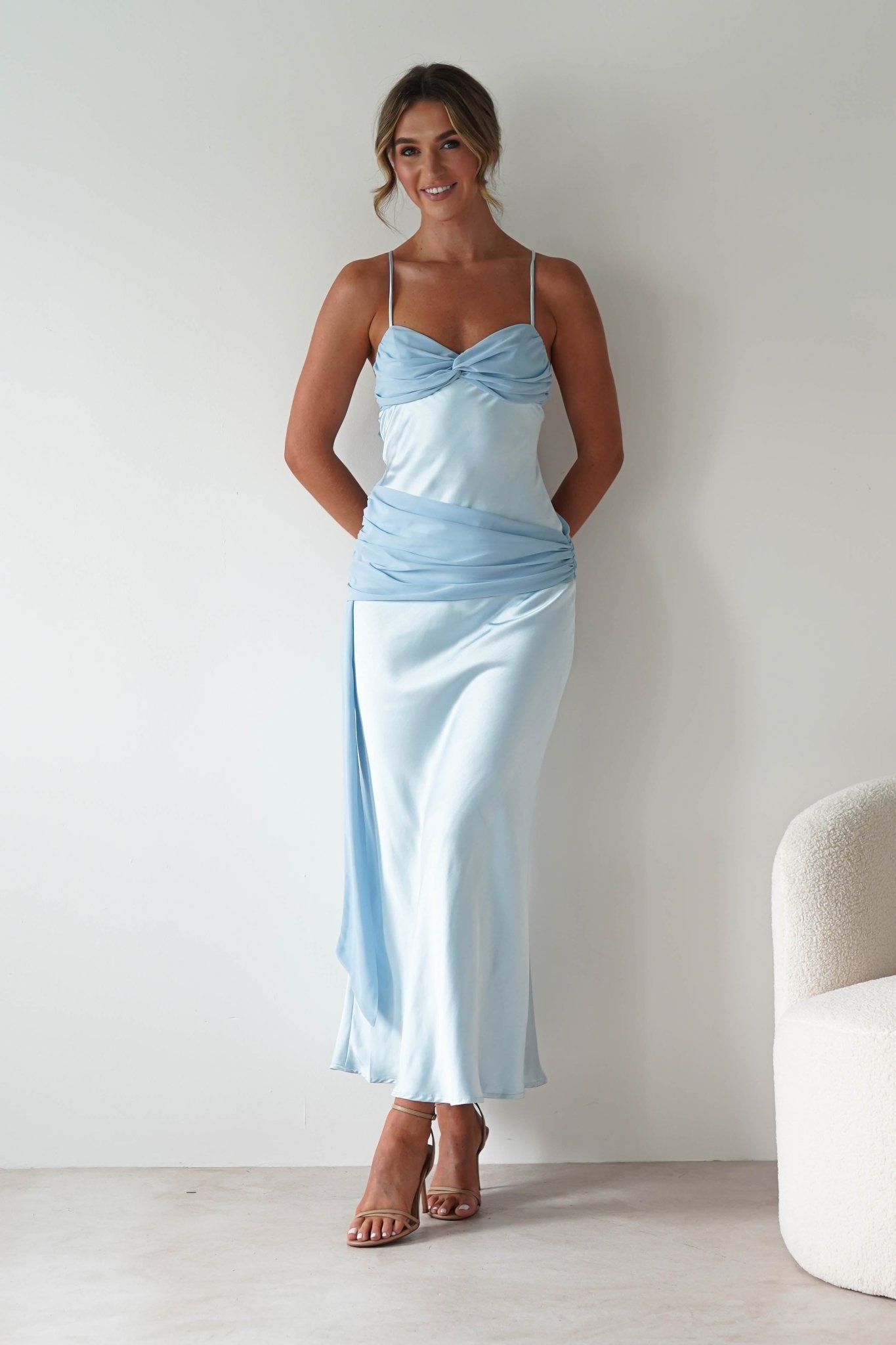 Natasha Satin Draped Maxi Dress Blue | Wedding Guest Dress | Draped Skirt | Maxi | Oh Hello Clothing