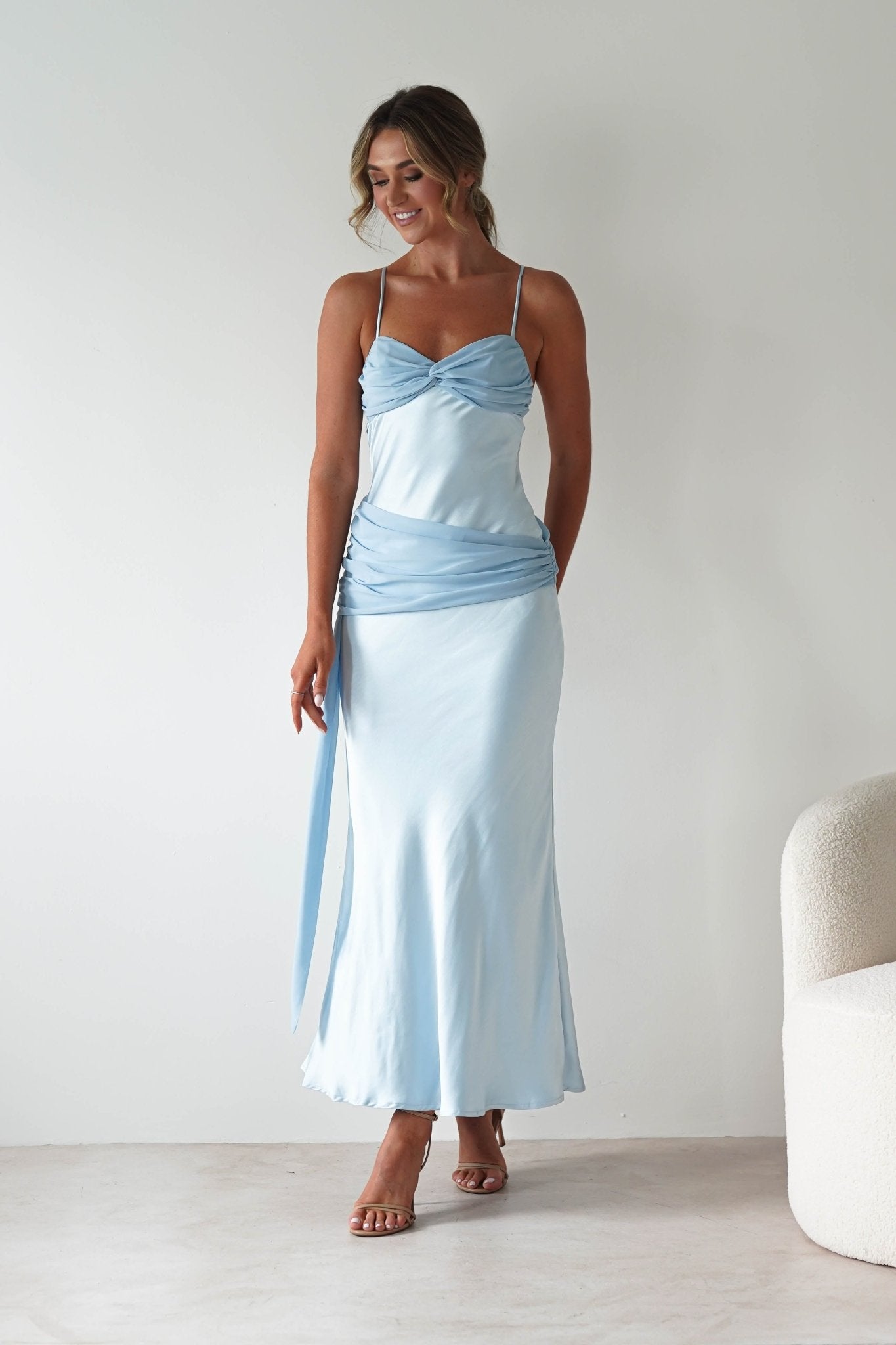 Natasha Satin Draped Maxi Dress Blue | Wedding Guest Dress | Draped Skirt | Maxi | Oh Hello Clothing