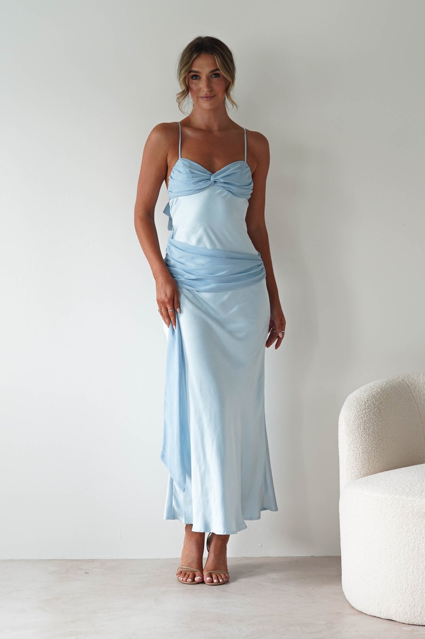 Natasha Satin Draped Maxi Dress Blue | Wedding Guest Dress | Draped Skirt | Maxi | Oh Hello Clothing