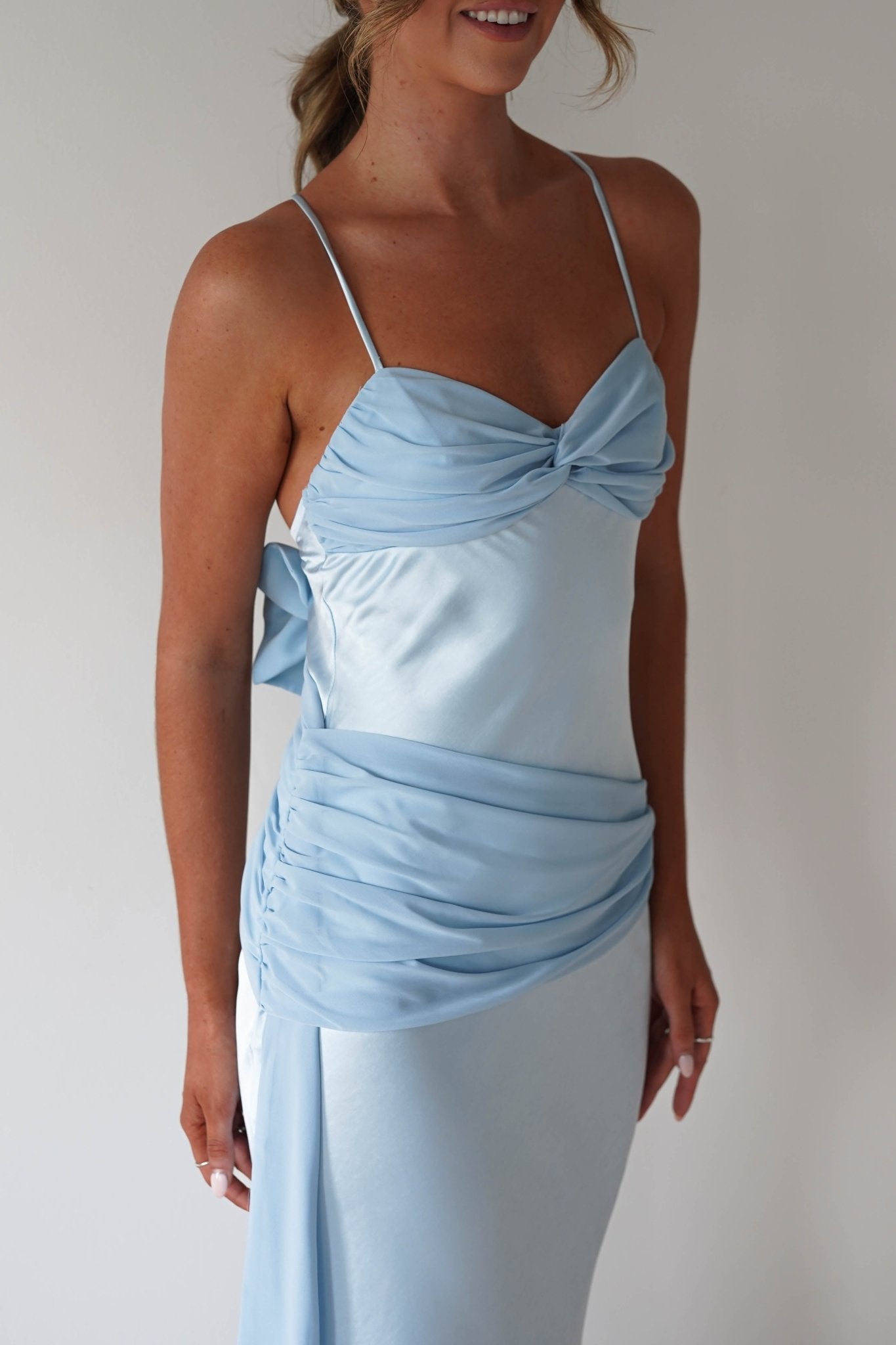 Natasha Satin Draped Maxi Dress Blue | Wedding Guest Dress | Draped Skirt | Maxi | Oh Hello Clothing
