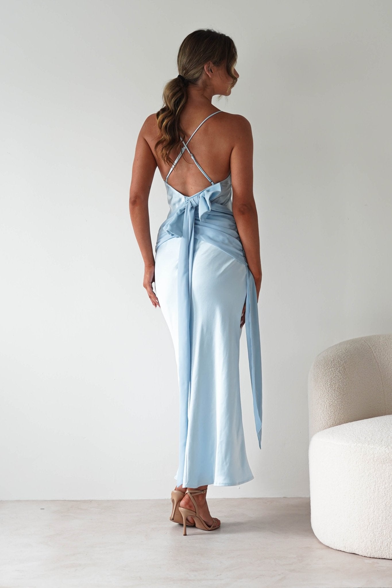 Natasha Satin Draped Maxi Dress Blue | Wedding Guest Dress | Draped Skirt | Maxi | Oh Hello Clothing