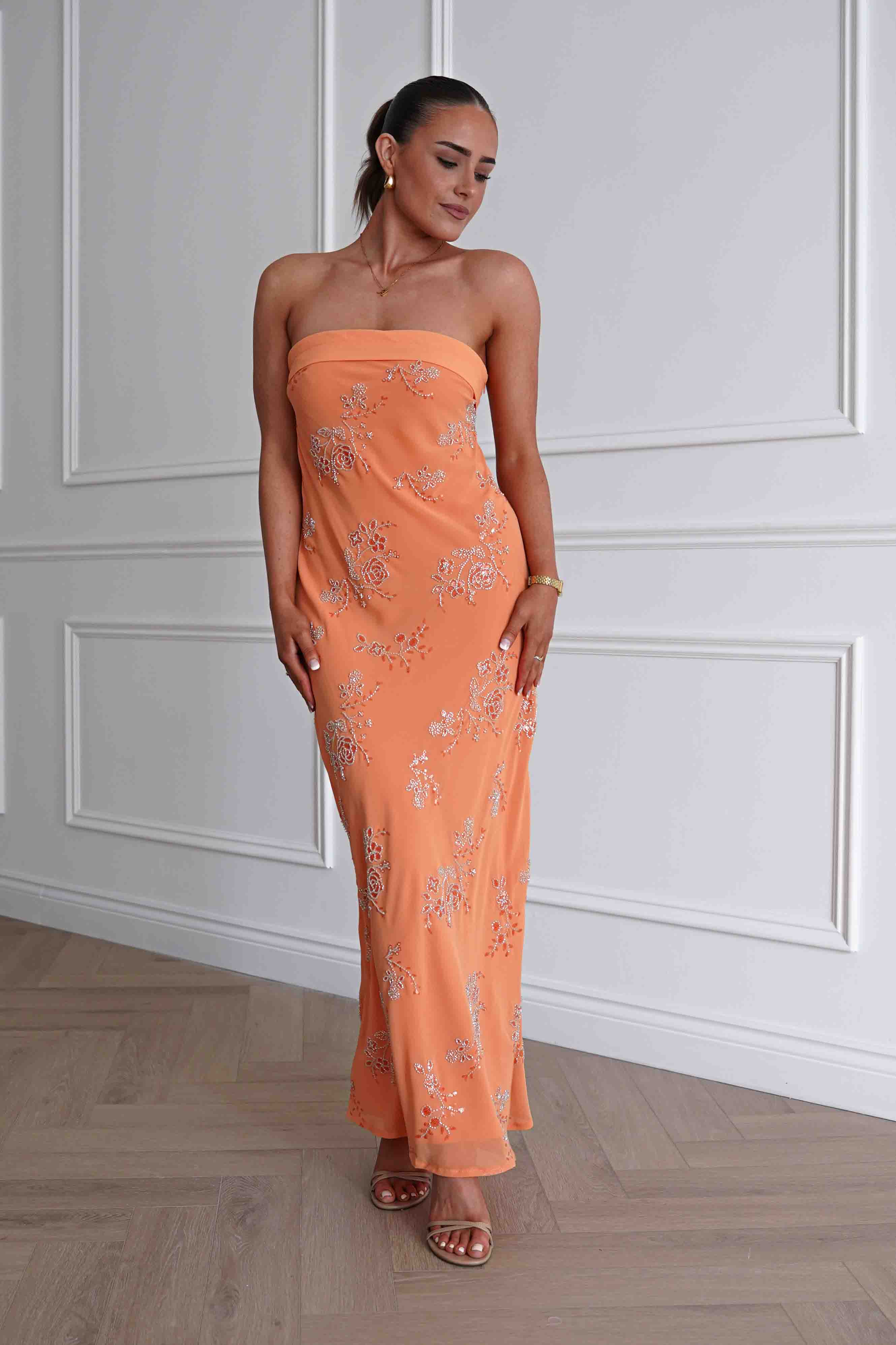 Oh Hello Clothing Women > Clothing > Dresses Nenita Beaded Strapless Maxi Dress | Orange