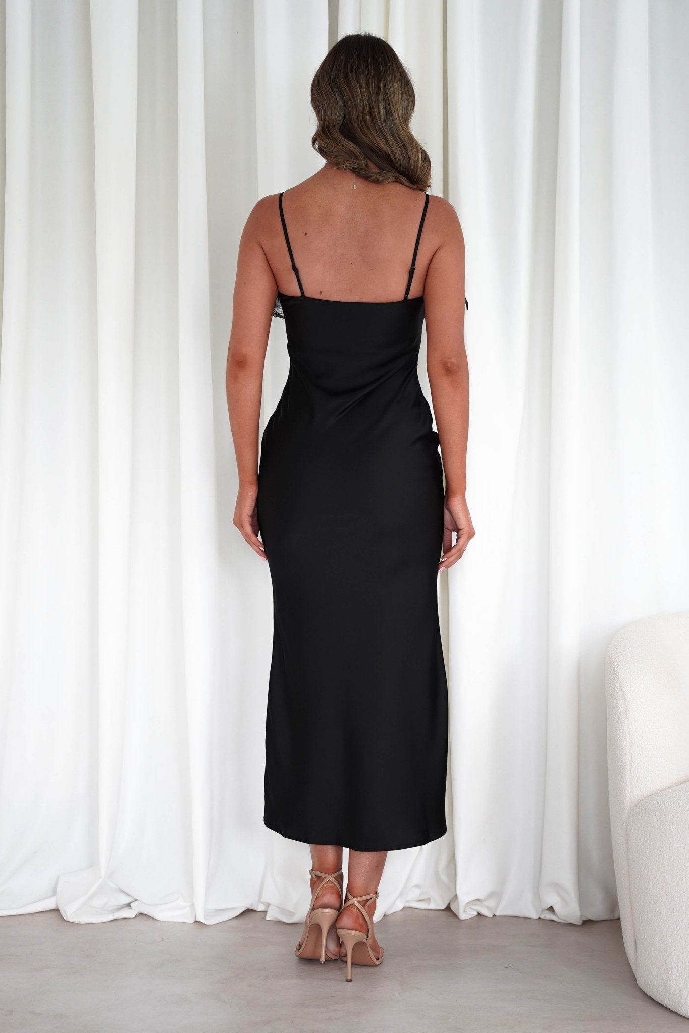 Neve Silky Satin Feather Slip Dress Black | Wedding Guest Dress | Satin | Oh Hello Clothing