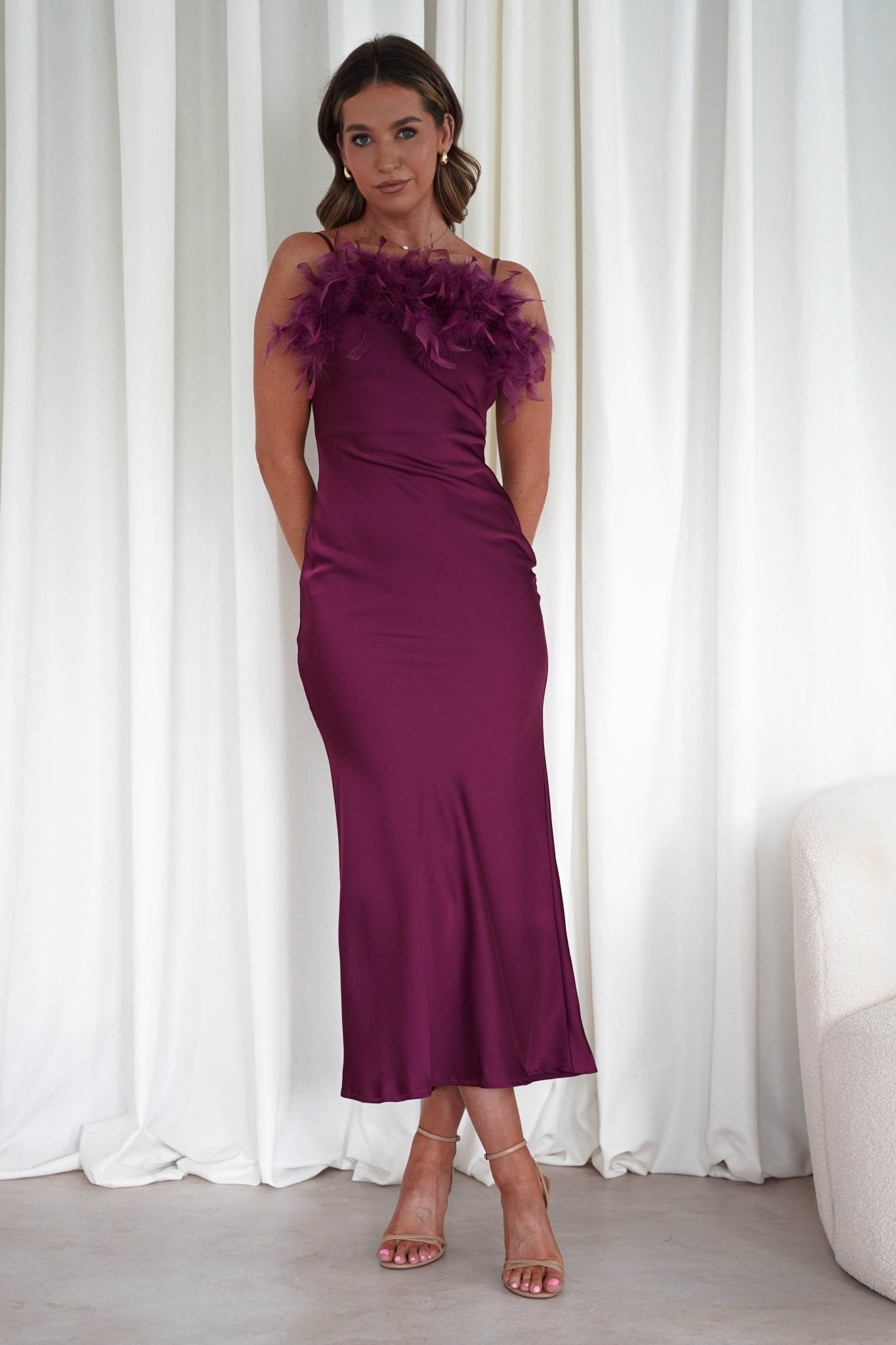 Neve Silky Satin Feather Slip Dress Plum | Wedding Guest Dress | Satin | Oh Hello Clothing