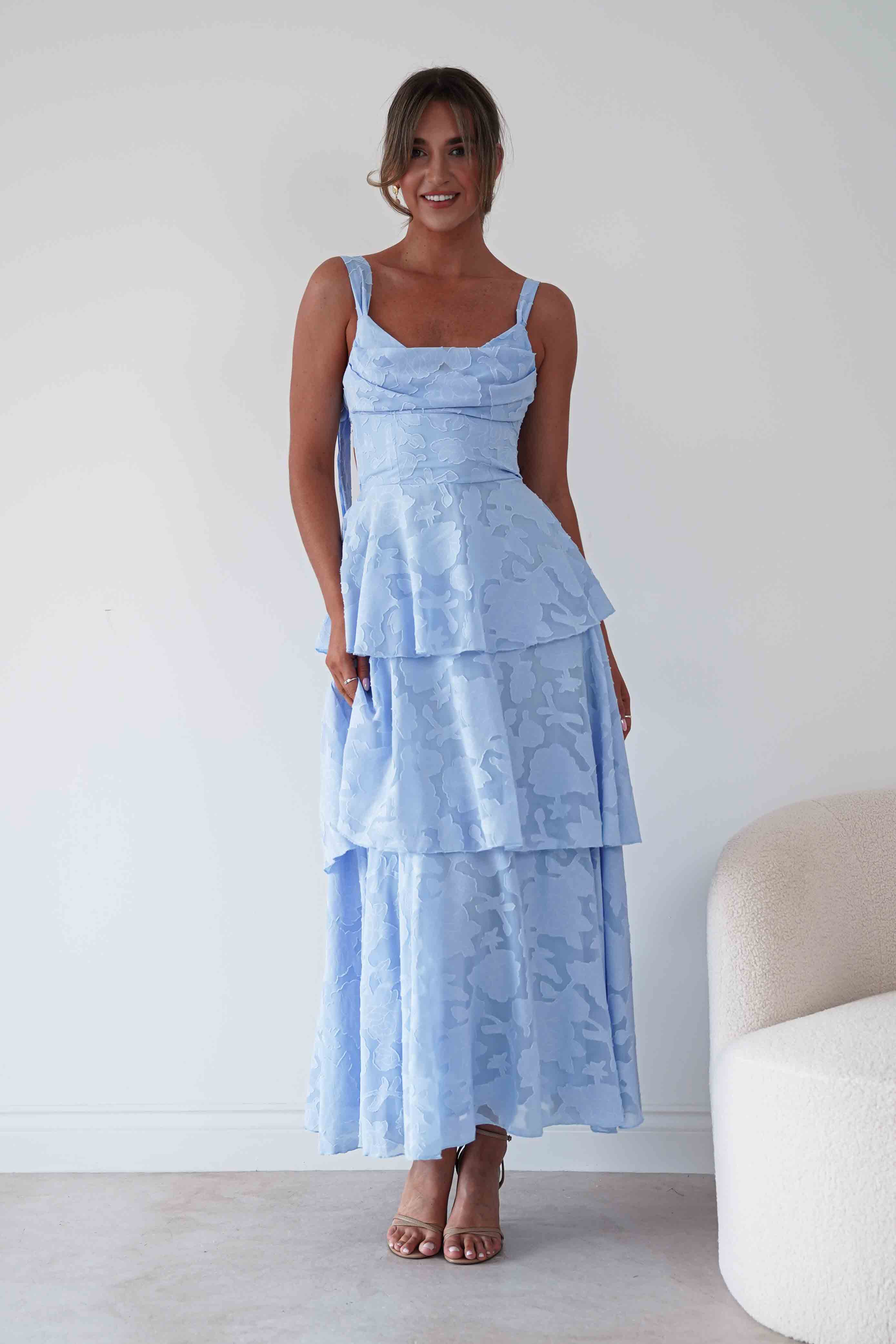 Oh Hello Clothing Women > Clothing > Dresses Niama Floral Jacquard Tiered Maxi Dress | Blue