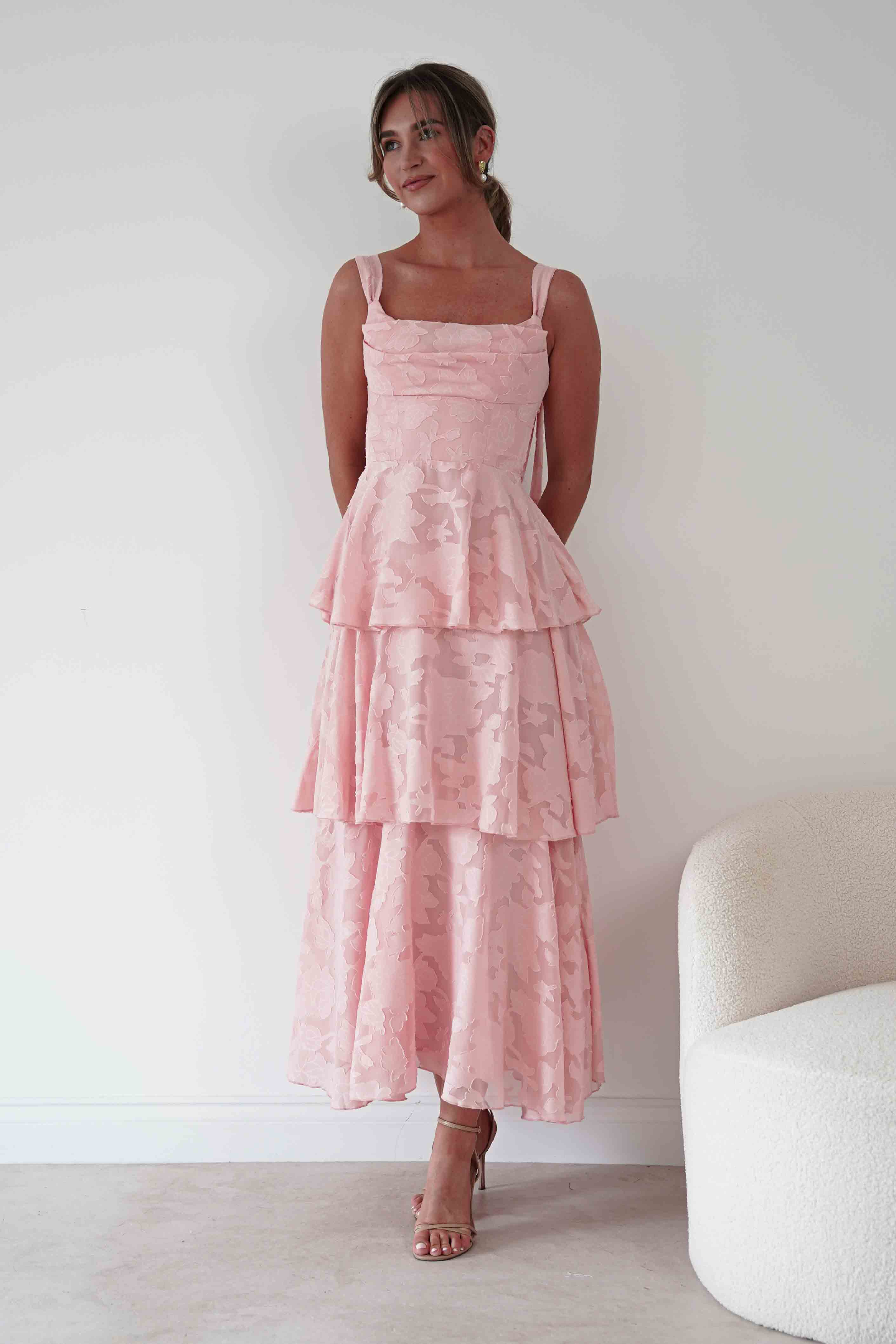 Oh Hello Clothing Women > Clothing > Dresses Niama Floral Jacquard Tiered Maxi Dress | Blush
