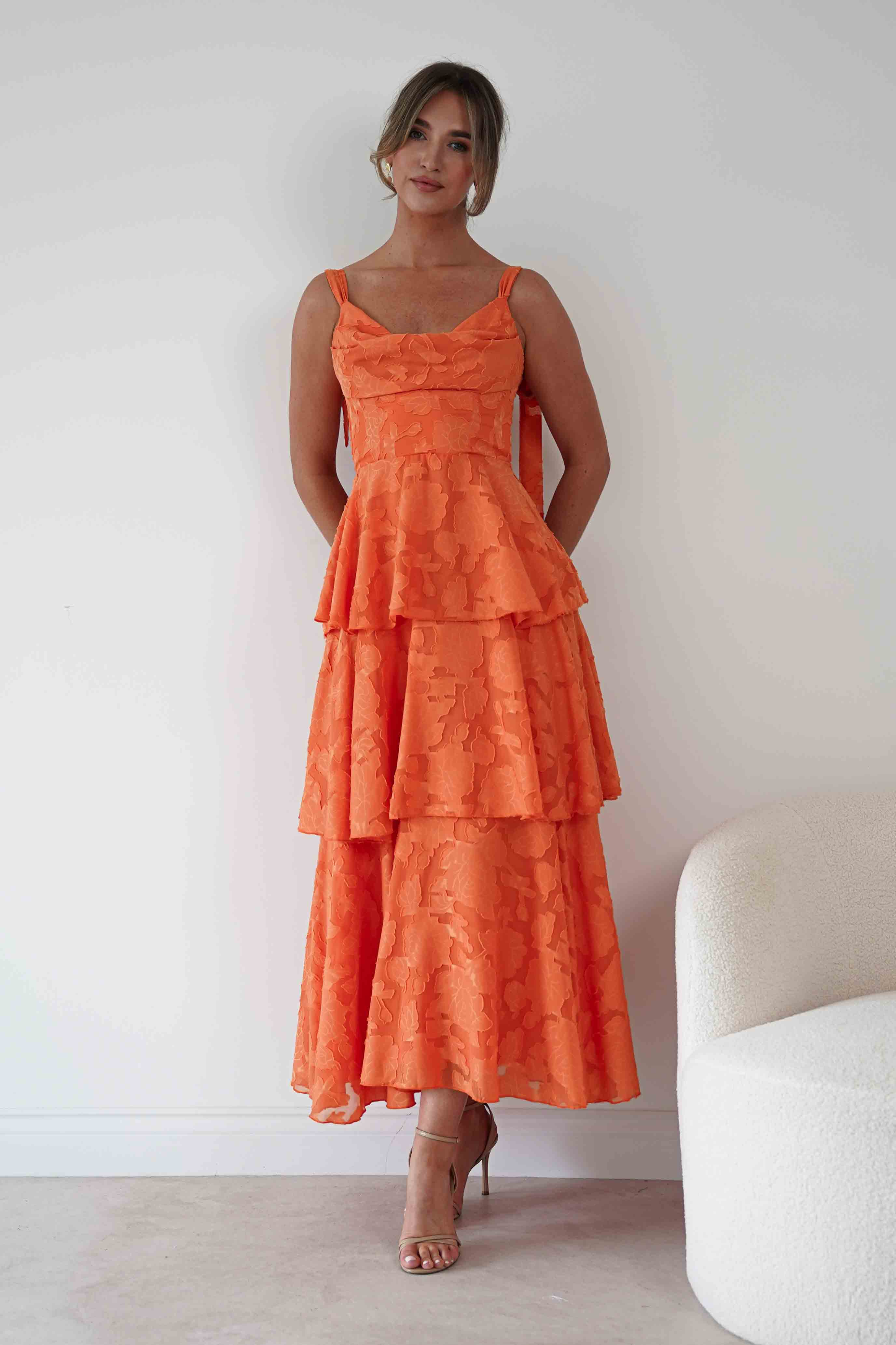 Oh Hello Clothing Women > Clothing > Dresses Niama Floral Jacquard Tiered Maxi Dress | Orange