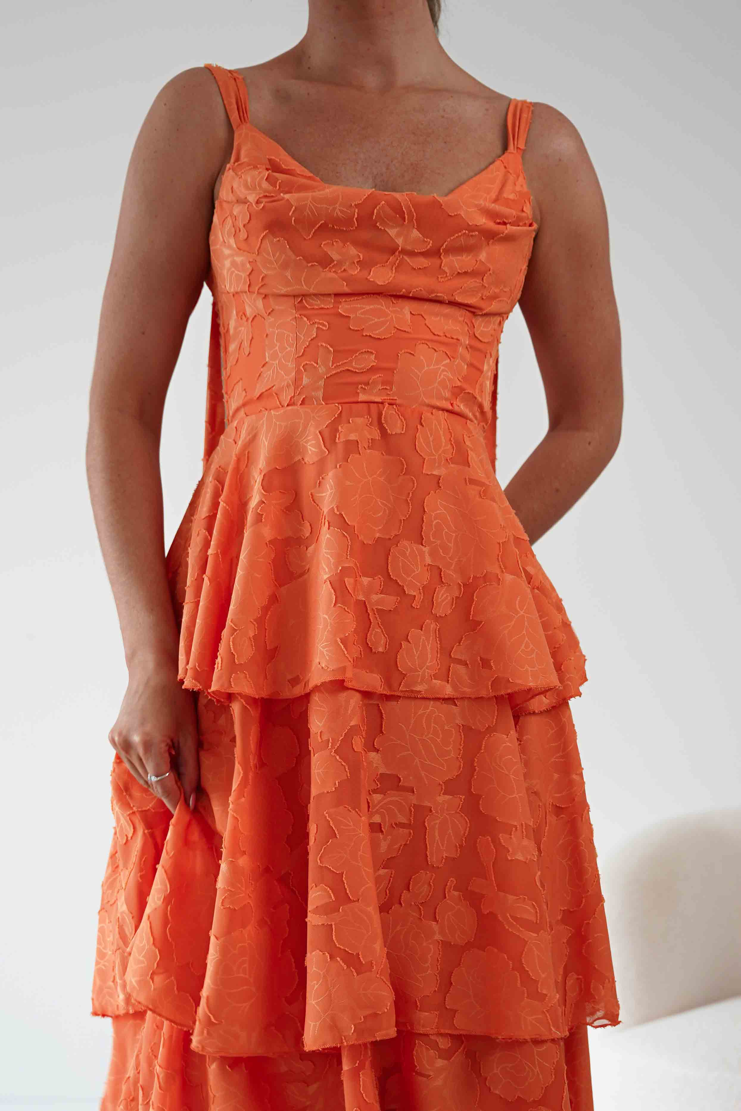 Oh Hello Clothing Women > Clothing > Dresses Niama Floral Jacquard Tiered Maxi Dress | Orange