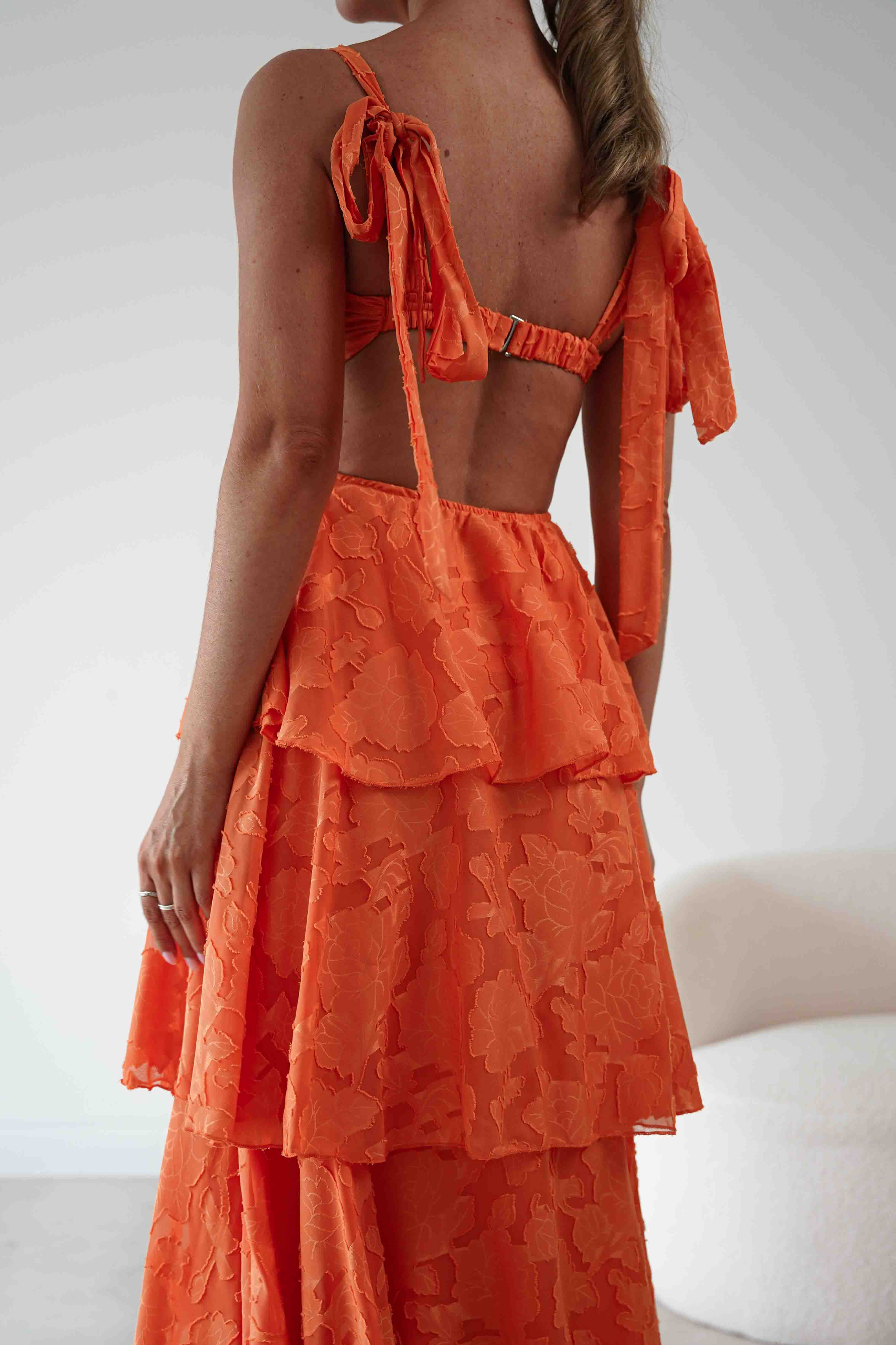 Oh Hello Clothing Women > Clothing > Dresses Niama Floral Jacquard Tiered Maxi Dress | Orange