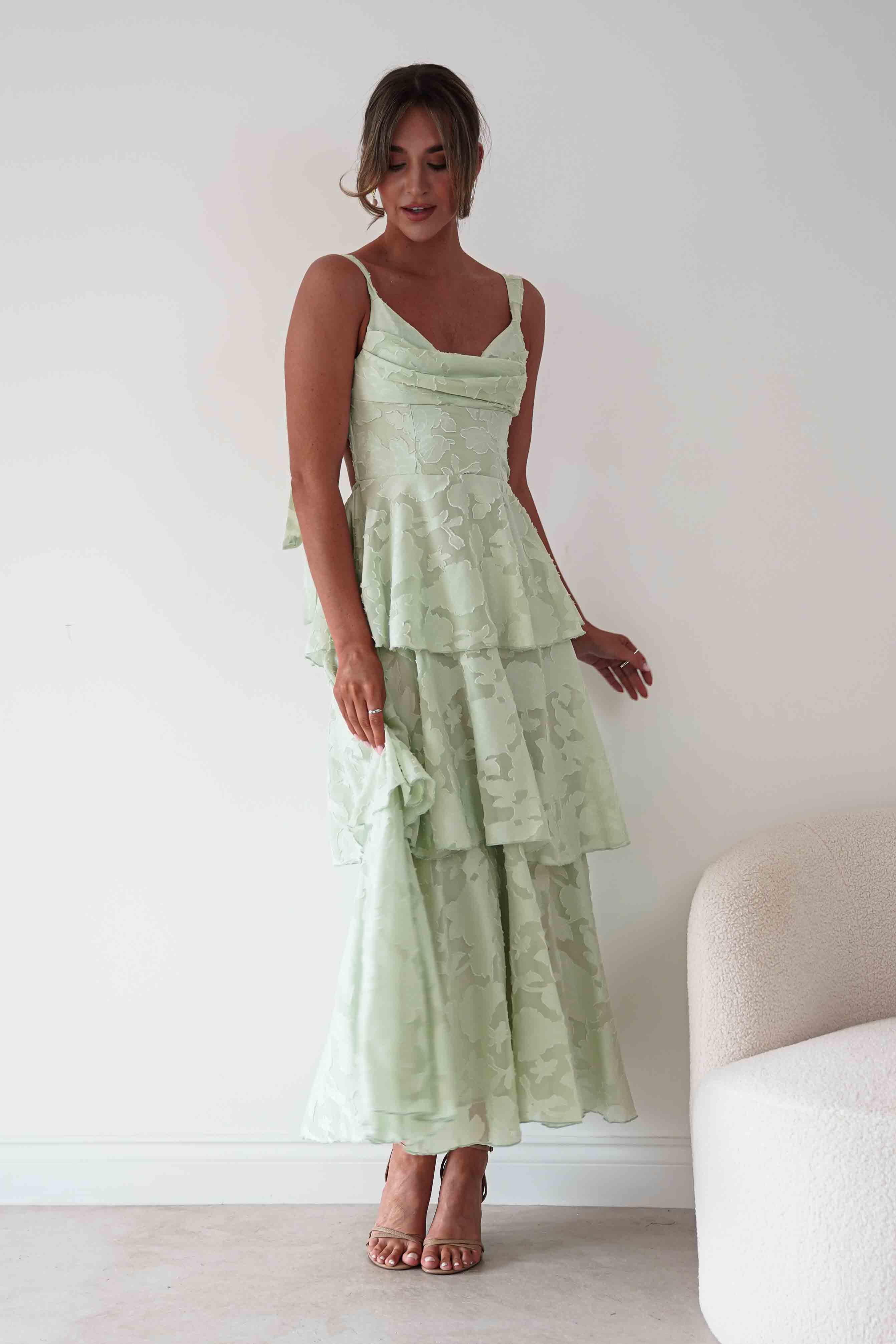 Oh Hello Clothing Women > Clothing > Dresses Niama Floral Jacquard Tiered Maxi Dress | Sage Green