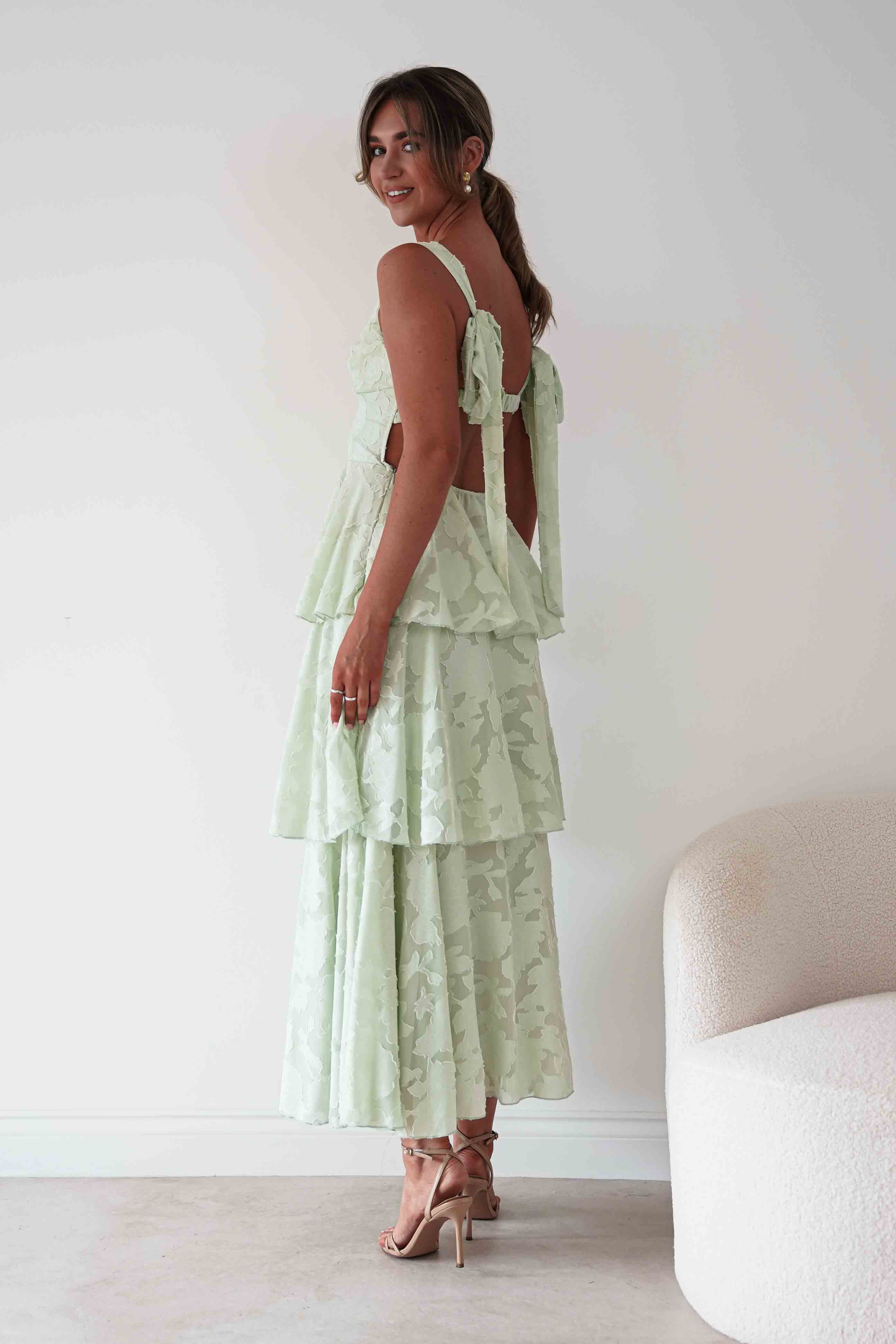 Oh Hello Clothing Women > Clothing > Dresses Niama Floral Jacquard Tiered Maxi Dress | Sage Green