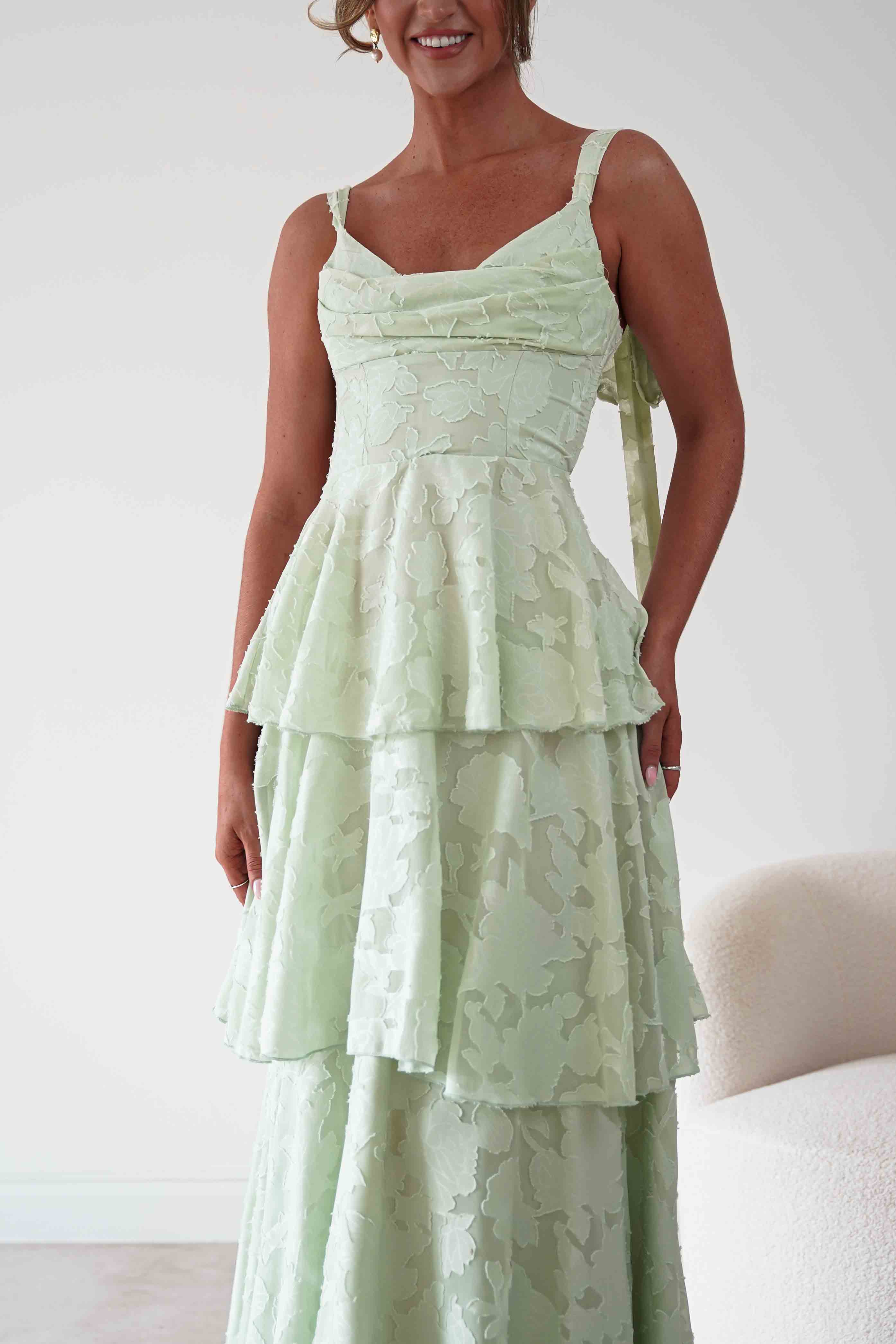 Oh Hello Clothing Women > Clothing > Dresses Niama Floral Jacquard Tiered Maxi Dress | Sage Green
