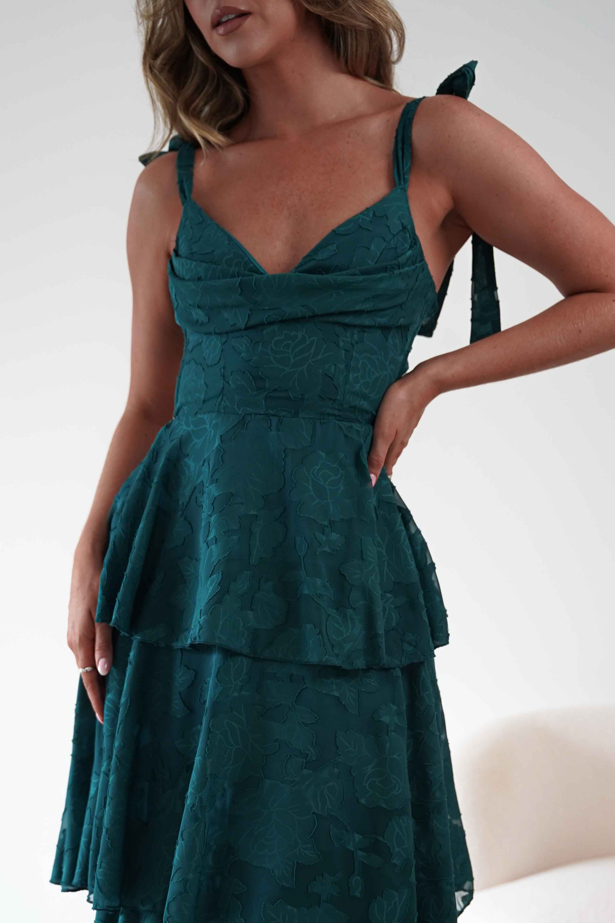 Oh Hello Clothing Women > Clothing > Dresses Niama Floral Jacquard Tiered Maxi Dress | Teal Green