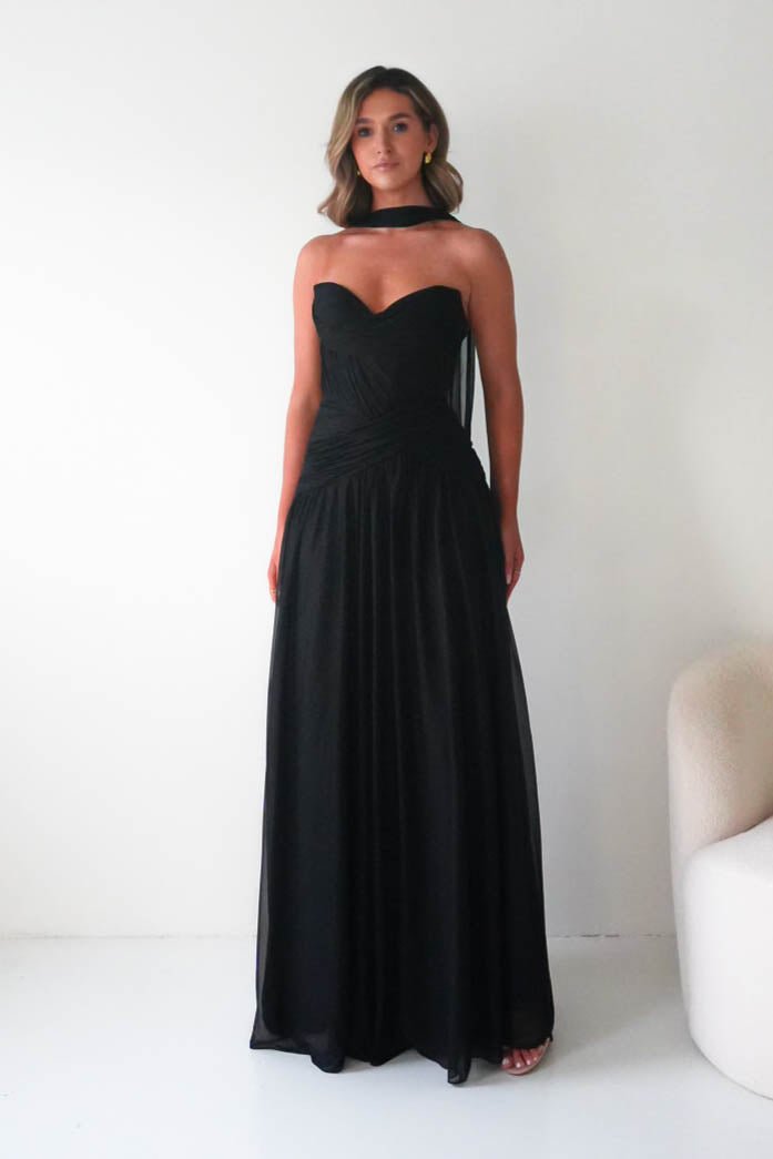Oh Hello Clothing Dresses Nicolette Strapless Chiffon Maxi Gown | Black
