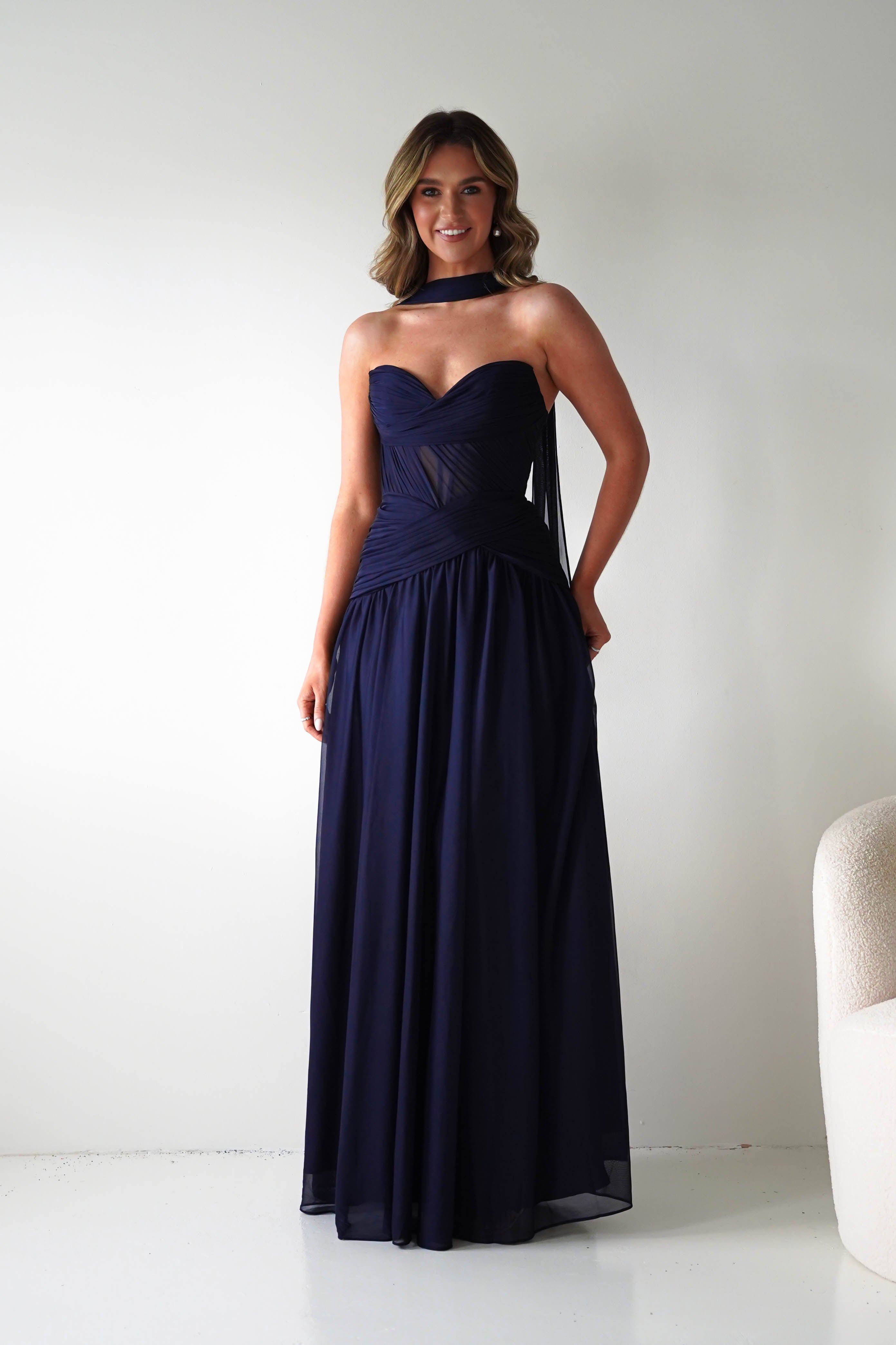 Oh Hello Clothing Women > Clothing > Dresses Nicolette Strapless Chiffon Maxi Gown | Navy