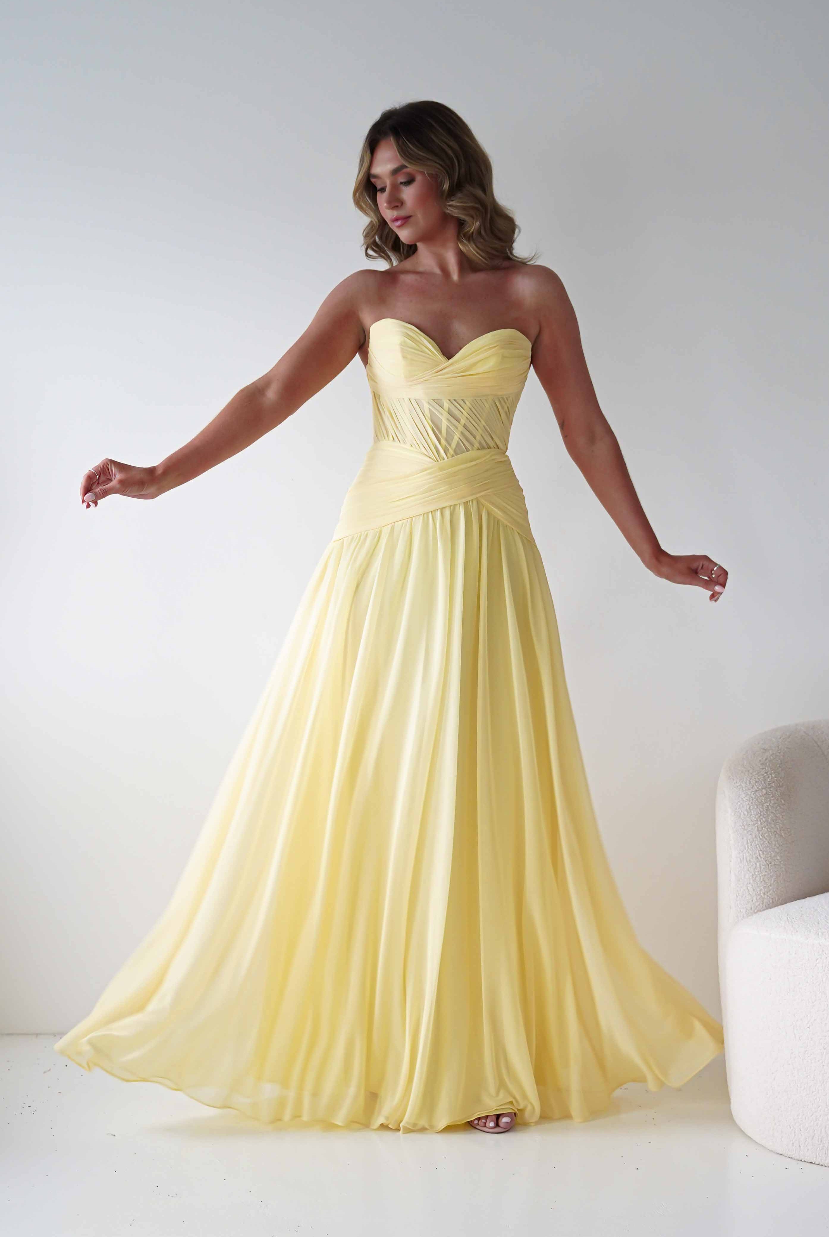 Oh Hello Clothing Women > Clothing > Dresses Nicolette Strapless Chiffon Maxi Gown | Yellow