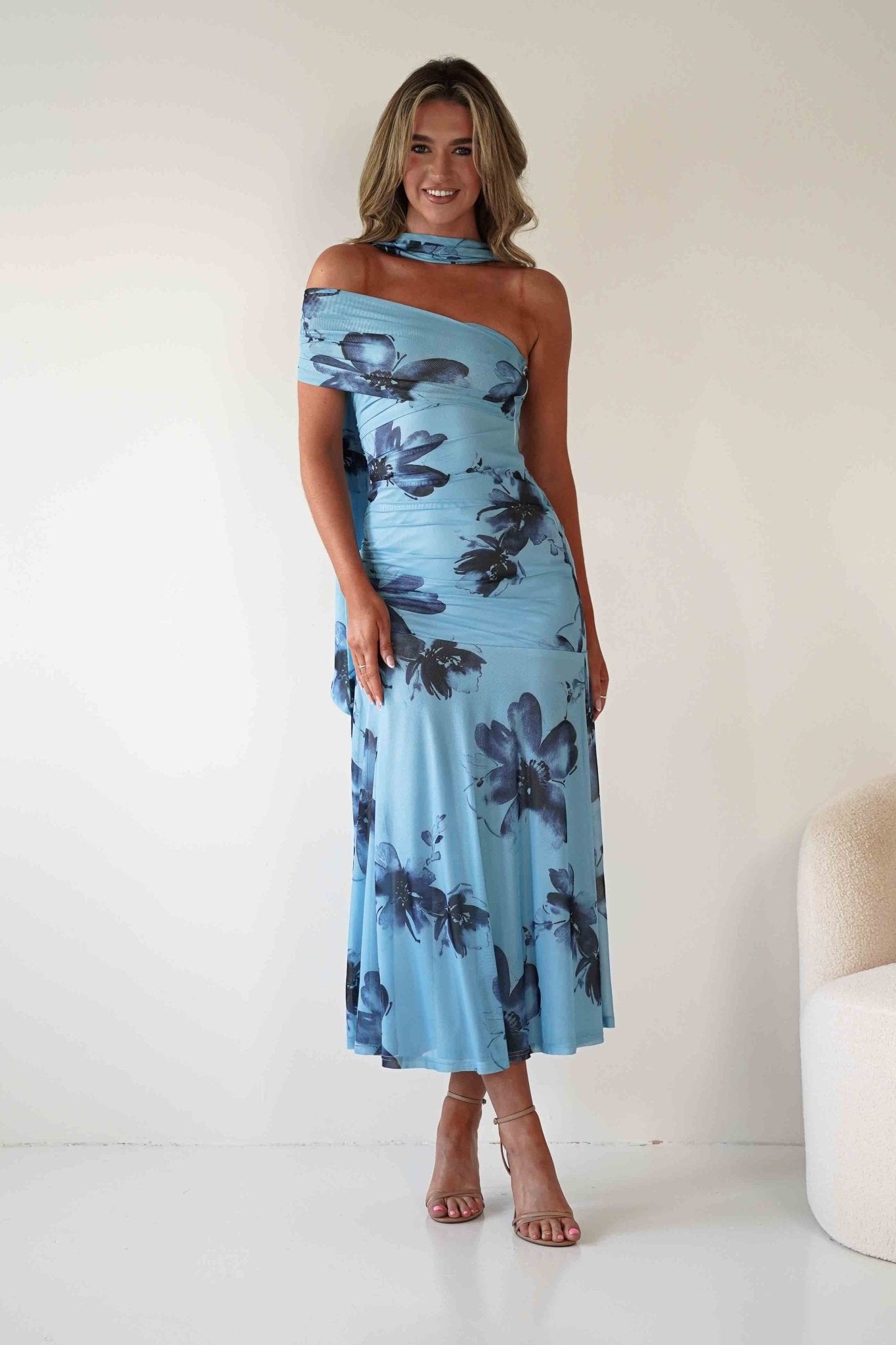 Noelani Floral Mesh Scarf Maxi Dress Blue | Wedding Guest Dress | Maxi | Mesh | Oh Hello Clothing
