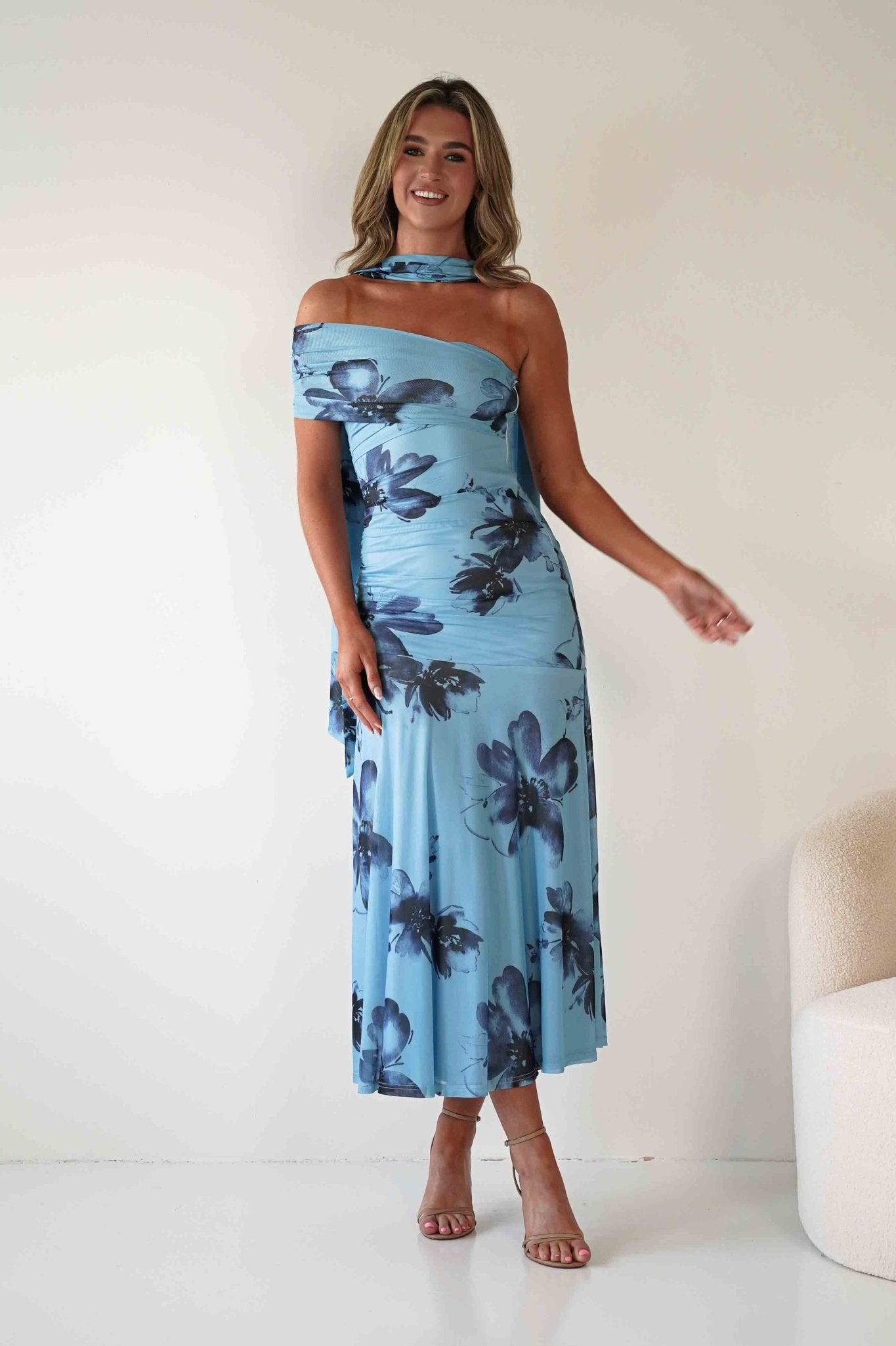 Noelani Floral Mesh Scarf Maxi Dress Blue | Wedding Guest Dress | Maxi | Mesh | Oh Hello Clothing