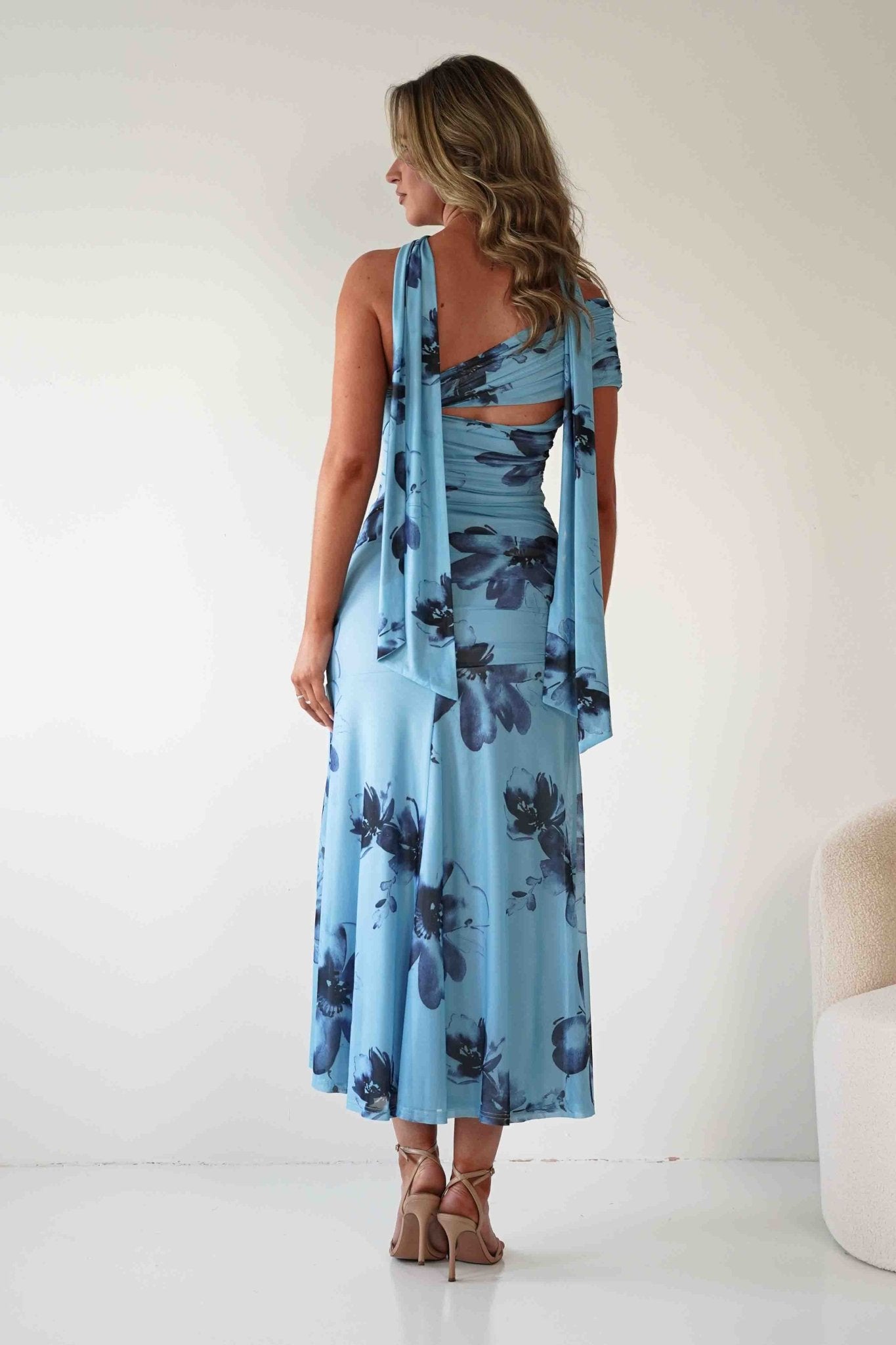 Noelani Floral Mesh Scarf Maxi Dress Blue | Wedding Guest Dress | Maxi | Mesh | Oh Hello Clothing