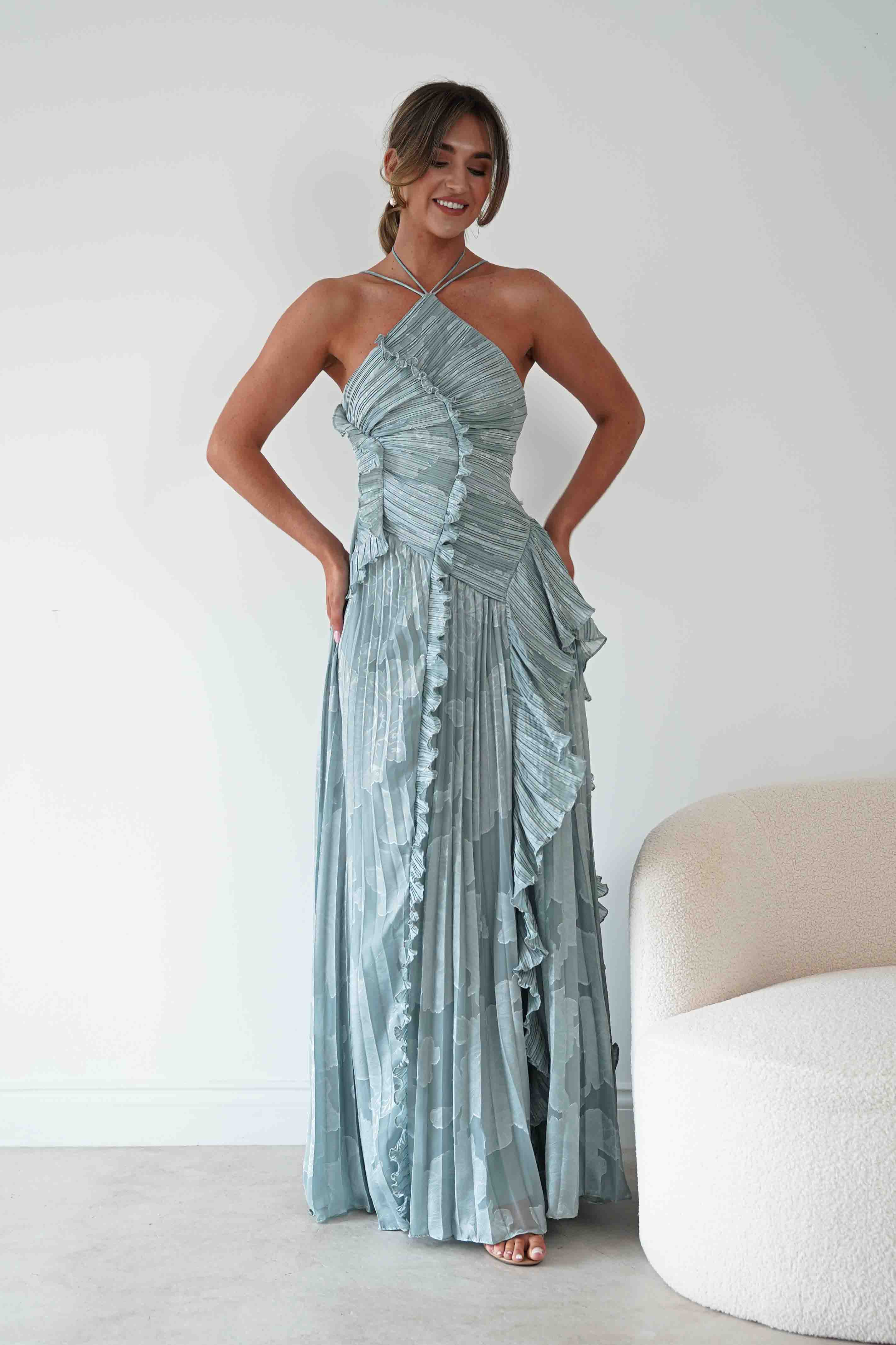 Oh Hello Clothing Women > Clothing > Dresses Oaklyn Floral Textured Ruffle Pleated Maxi Dress | Dusty Blue