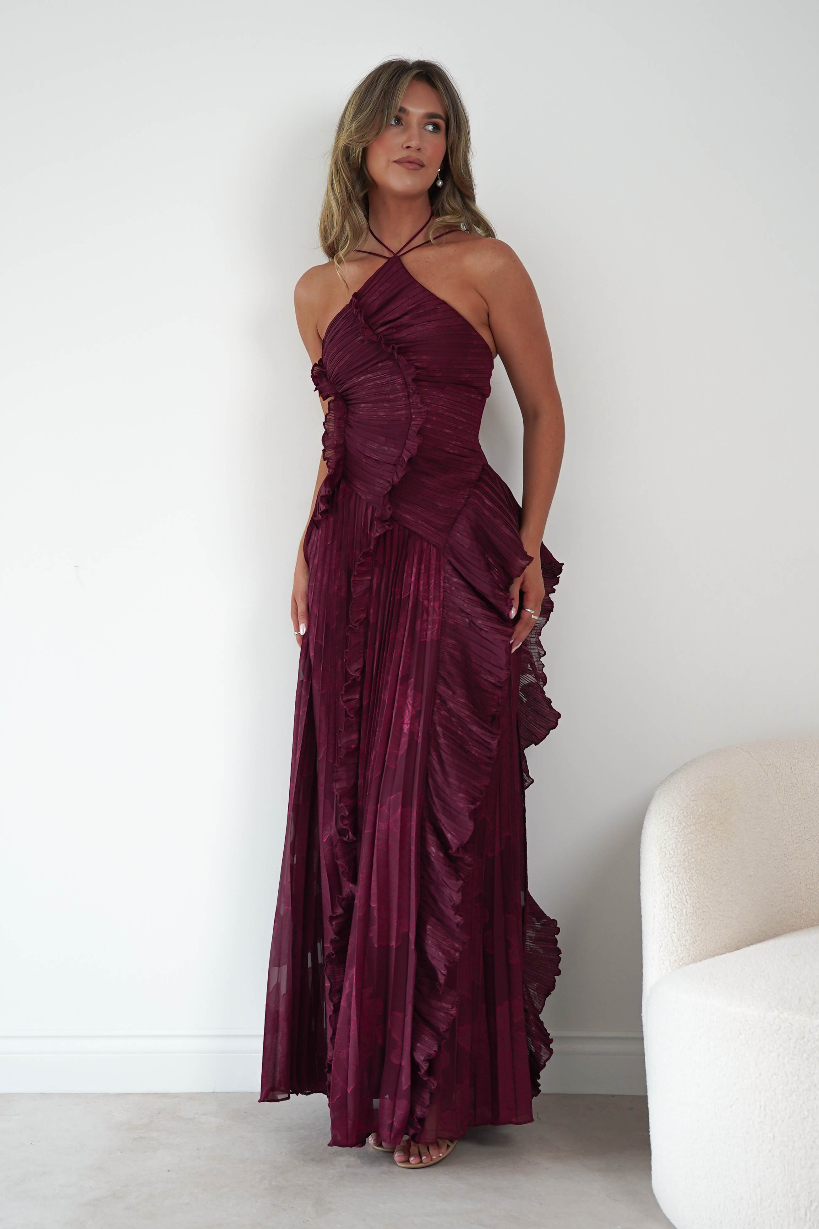 Oh Hello Clothing Women > Clothing > Dresses Oaklyn Floral Textured Ruffle Pleated Maxi Dress | Wine