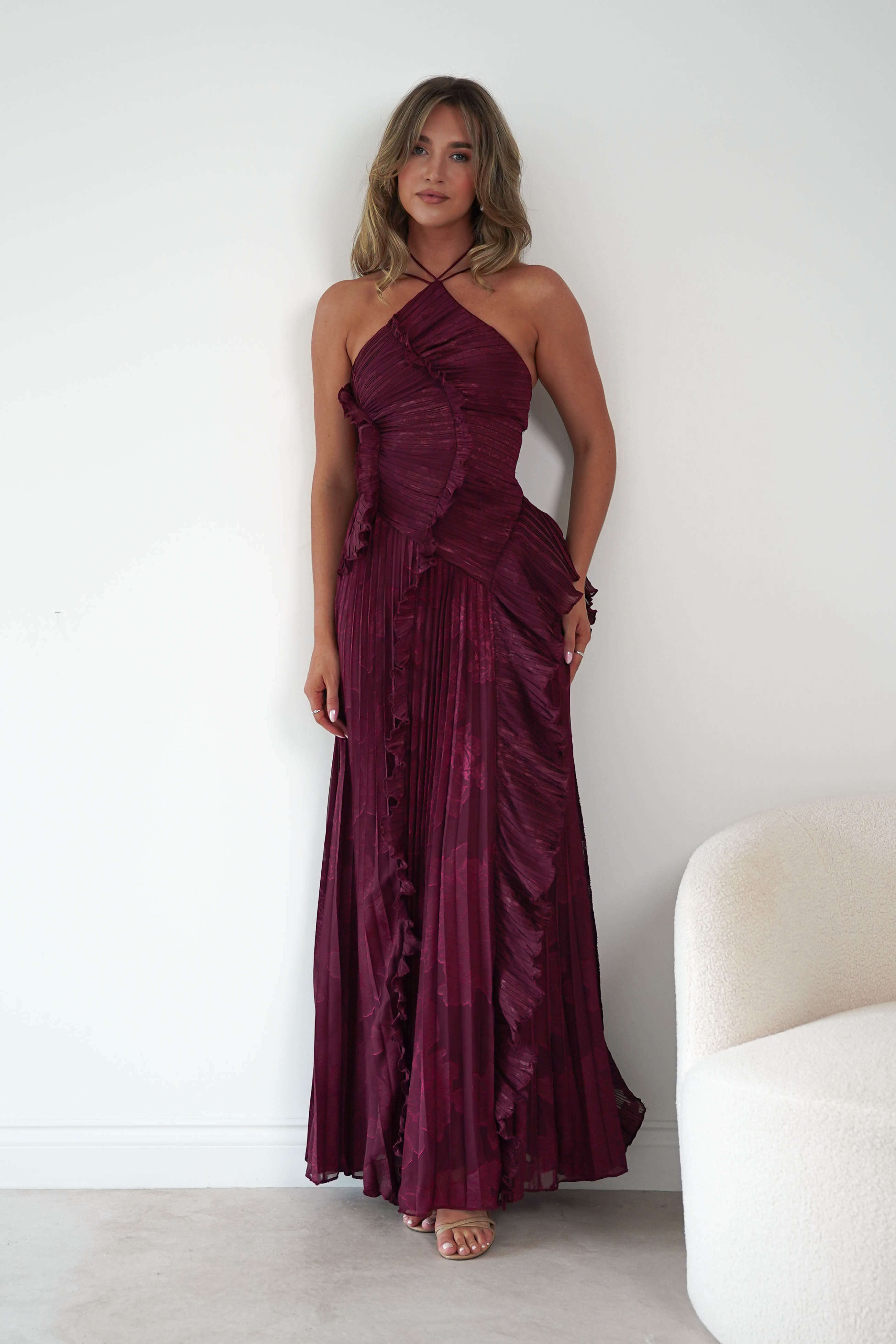 Oh Hello Clothing Women > Clothing > Dresses Oaklyn Floral Textured Ruffle Pleated Maxi Dress | Wine