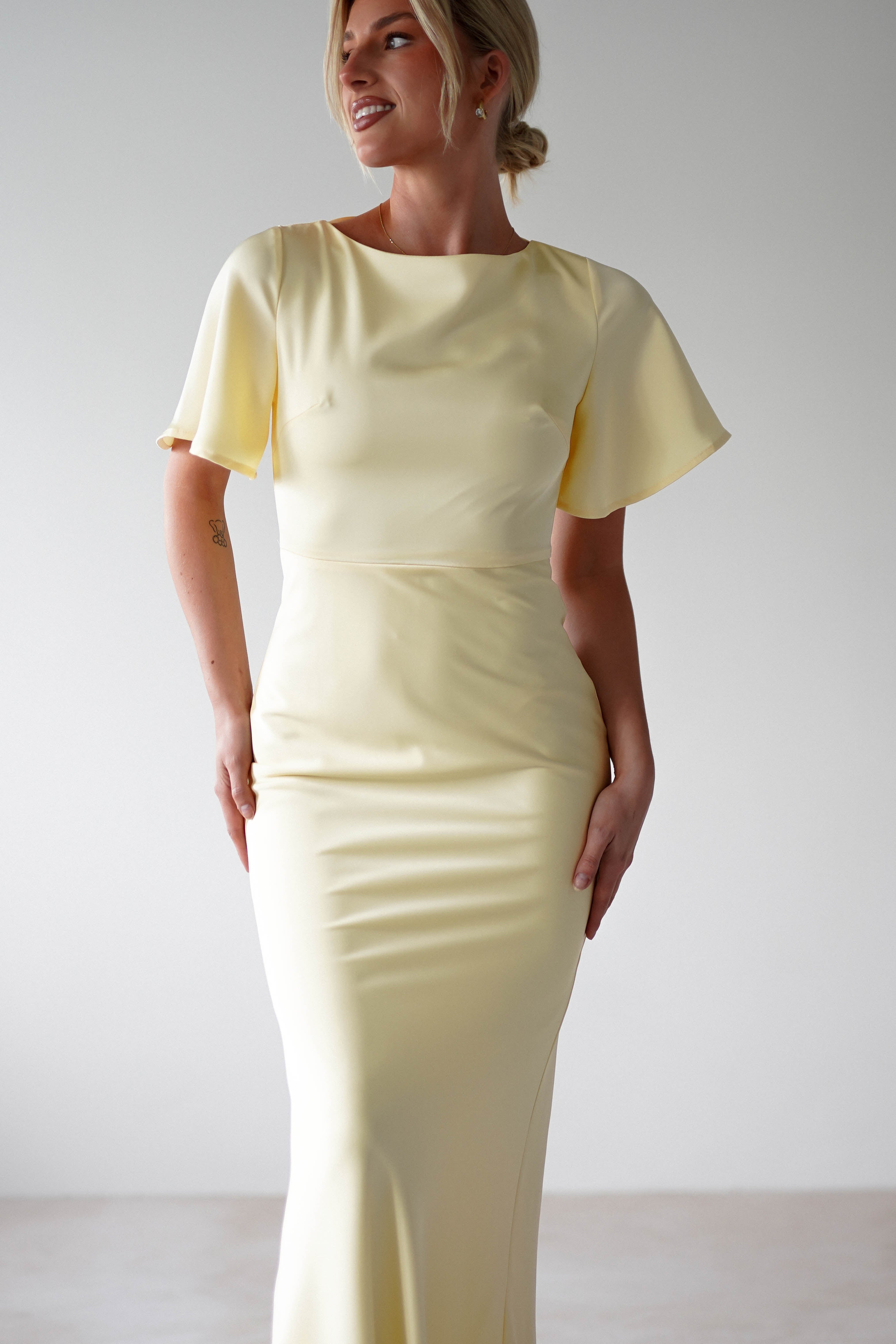 Olivia Soft Matte Satin Maxi Dress Yellow | Wedding Guest Dress | Maxi | Satin | Oh Hello Clothing