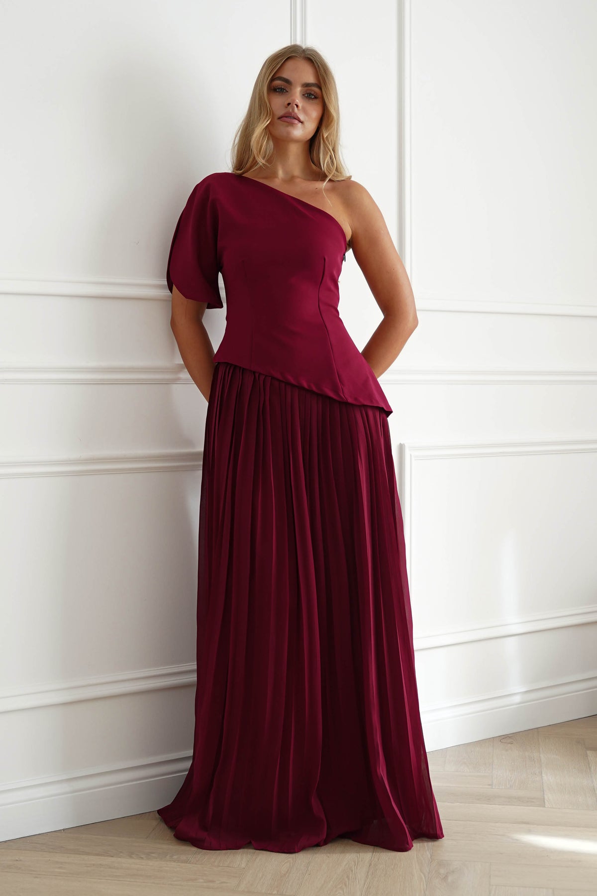 Oh Hello Clothing Women > Clothing > Dresses Orla One Shoulder Pleated Maxi Dress | Wine