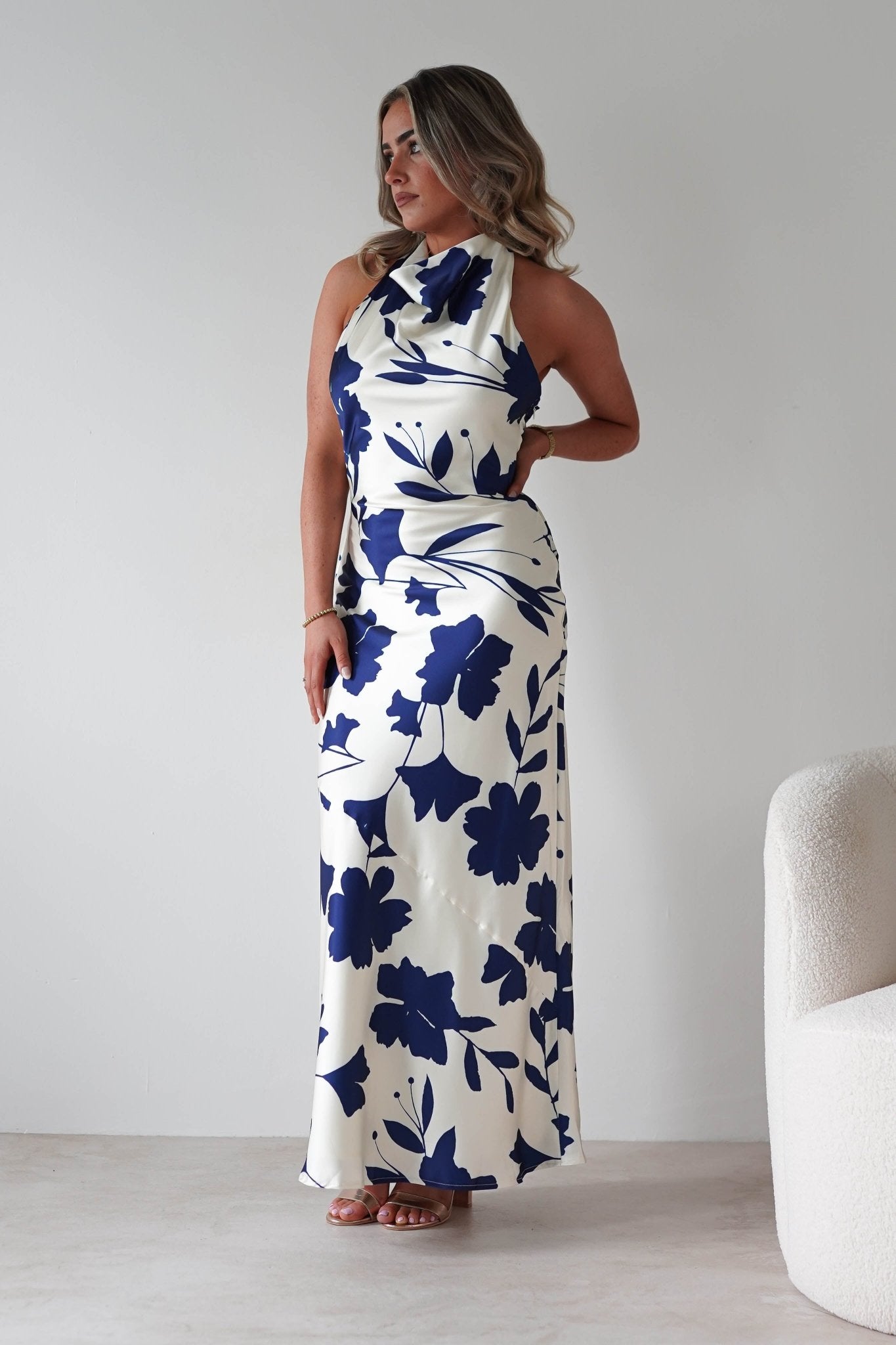 Pagoda Floral Satin Maxi Dress Cream/Navy | Wedding Guest Dress | Maxi | Satin | Oh Hello Clothing