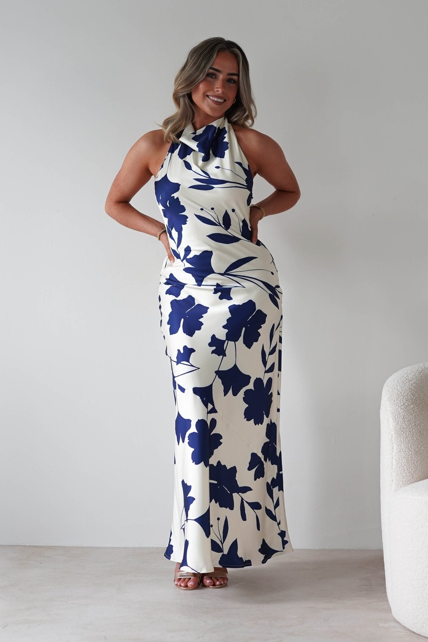 Pagoda Floral Satin Maxi Dress Cream/Navy | Wedding Guest Dress | Maxi | Satin | Oh Hello Clothing