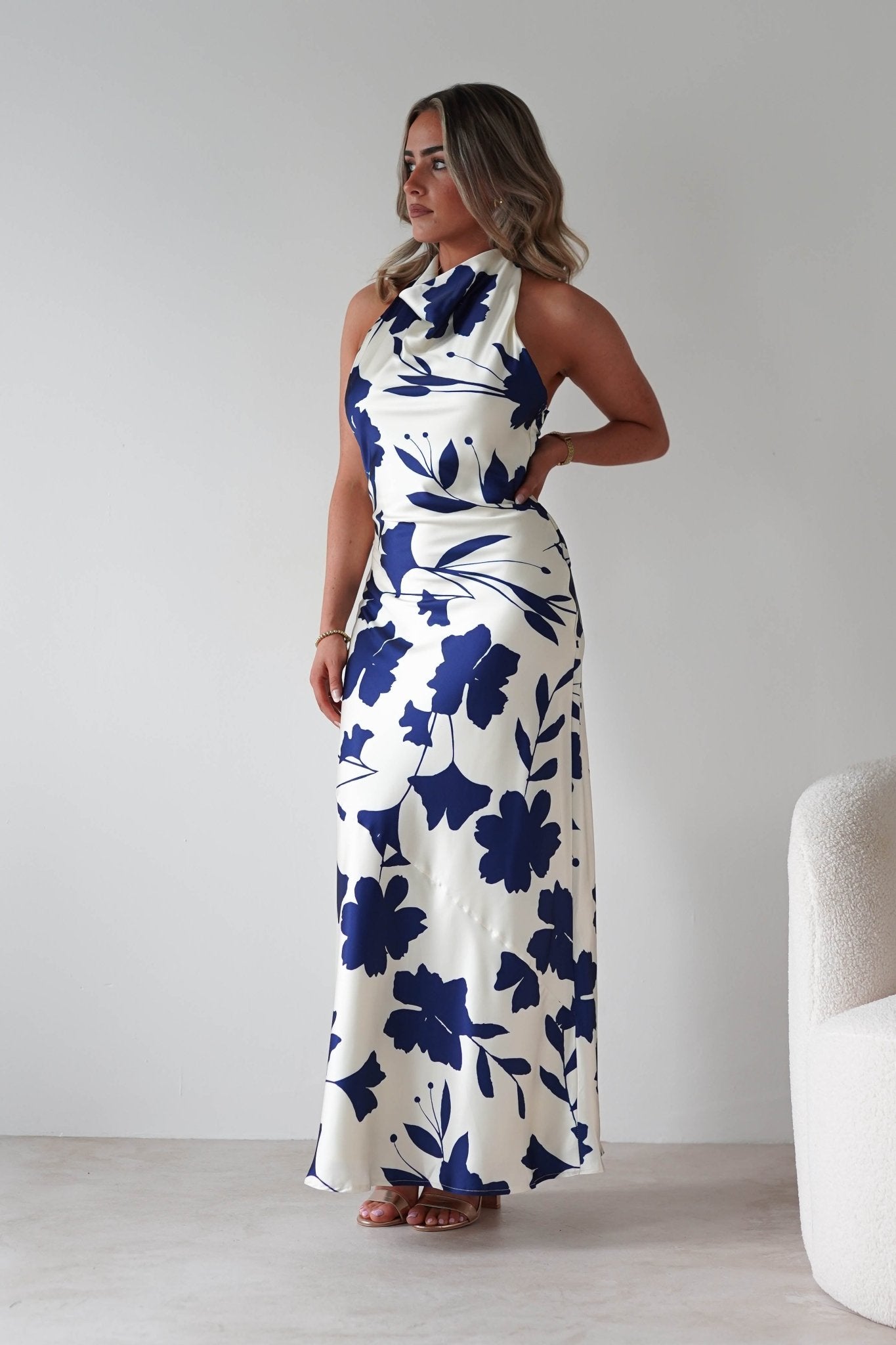 Pagoda Floral Satin Maxi Dress Cream/Navy | Wedding Guest Dress | Maxi | Satin | Oh Hello Clothing