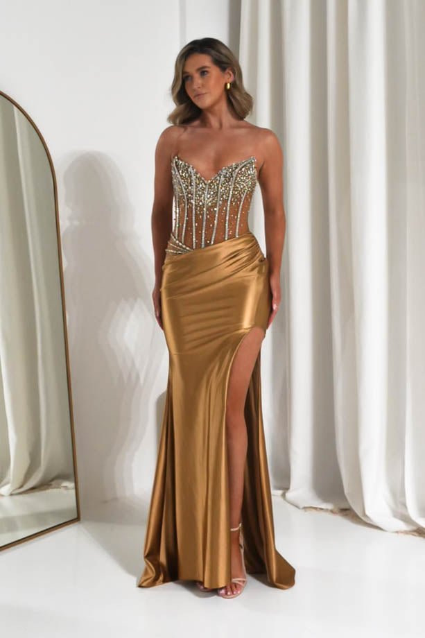 Oh Hello Clothing Dresses 1*DONE -CINDERALLA-CDS538-Gold Crystal-Embellished Sheer Corset Evening Gown