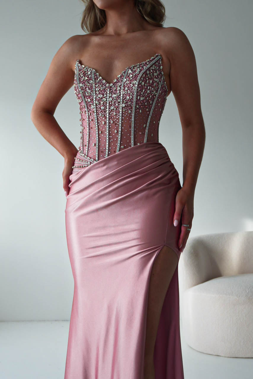 Oh Hello Clothing Dresses > Prom Dresses Paloma Crystal Embellished Sheer Corset Gown | Rose