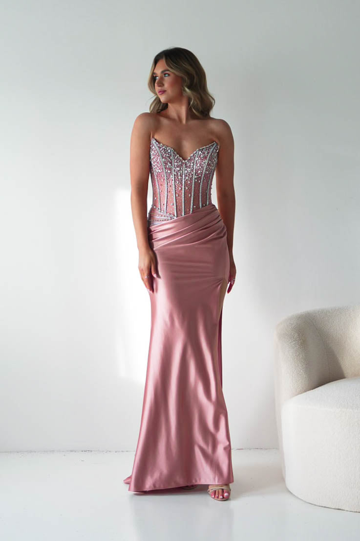 Oh Hello Clothing Dresses > Prom Dresses Paloma Crystal Embellished Sheer Corset Gown | Rose
