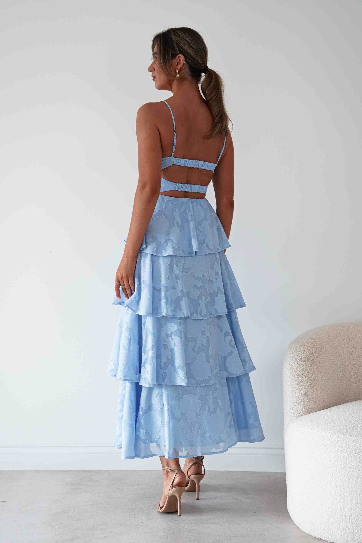 Oh Hello Clothing Women > Clothing > Dresses Patsy Floral Jacquard Tiered Maxi Dress | Blue