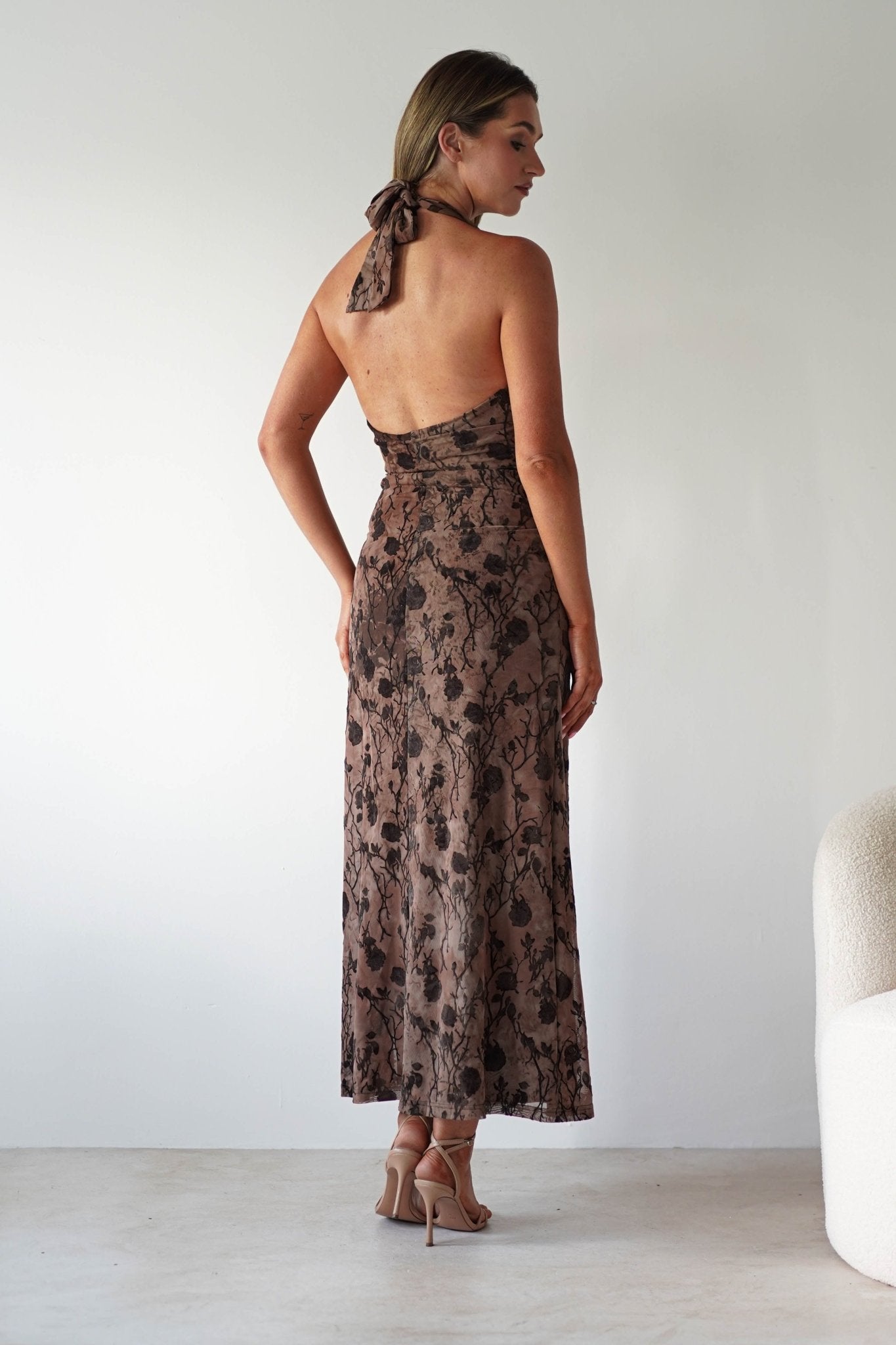 Paxton Halter Neck Floral Maxi Dress Brown | Wedding Guest Dress | Halter Neck | Maxi | Oh Hello Clothing