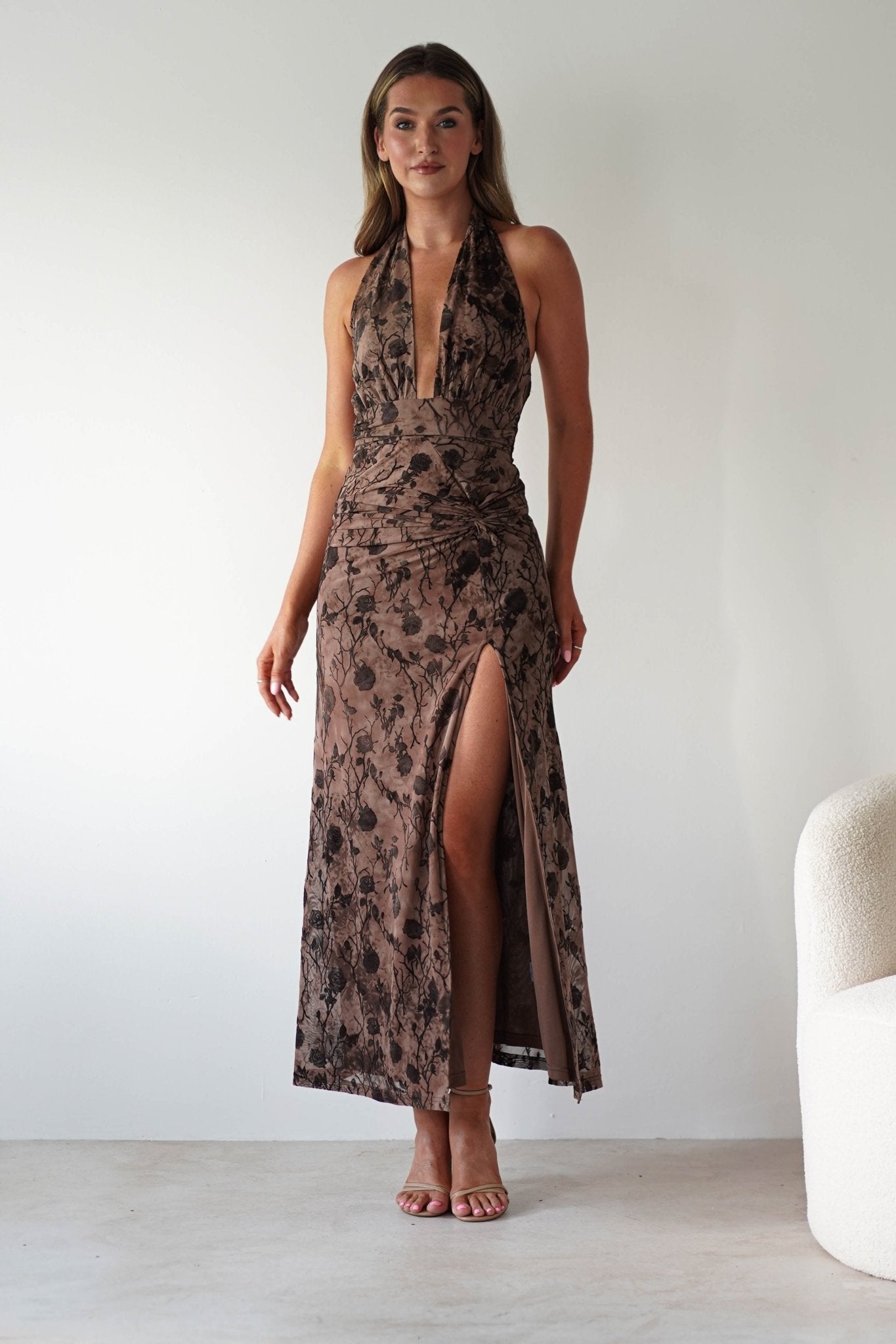 Paxton Halter Neck Floral Maxi Dress Brown | Wedding Guest Dress | Halter Neck | Maxi | Oh Hello Clothing