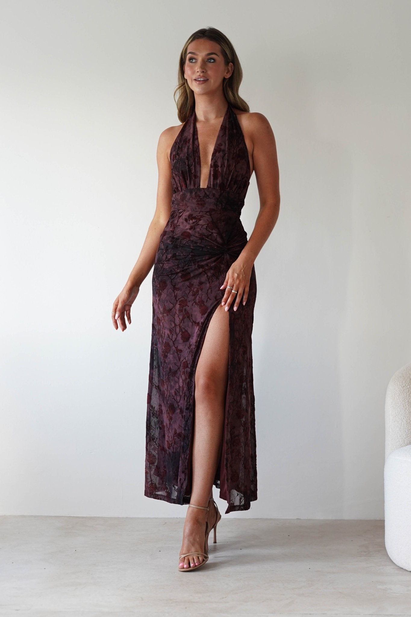 Paxton Halter Neck Floral Maxi Dress Wine | Wedding Guest Dress | Halter Neck | Maxi | Oh Hello Clothing