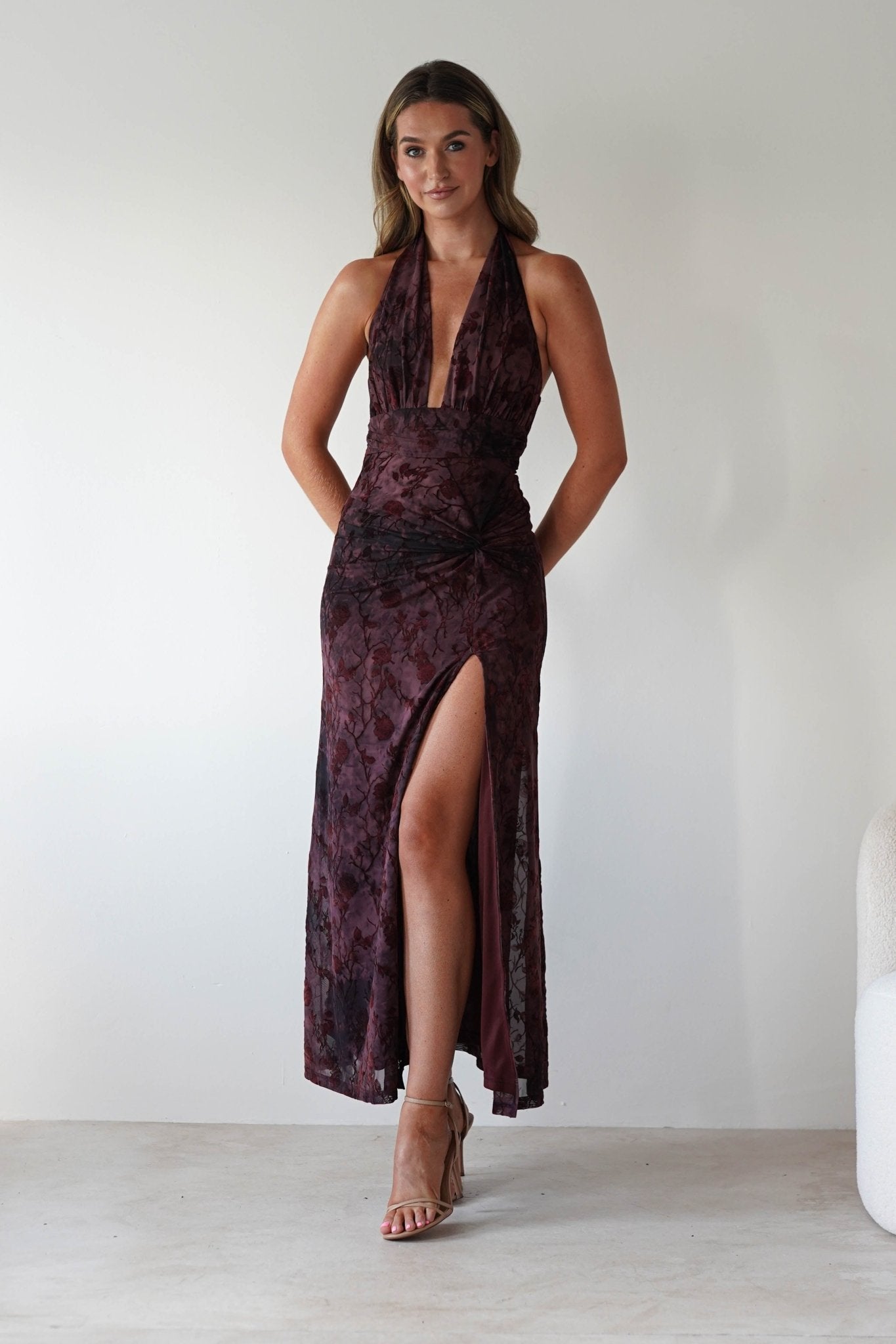 Paxton Halter Neck Floral Maxi Dress Wine | Wedding Guest Dress | Halter Neck | Maxi | Oh Hello Clothing