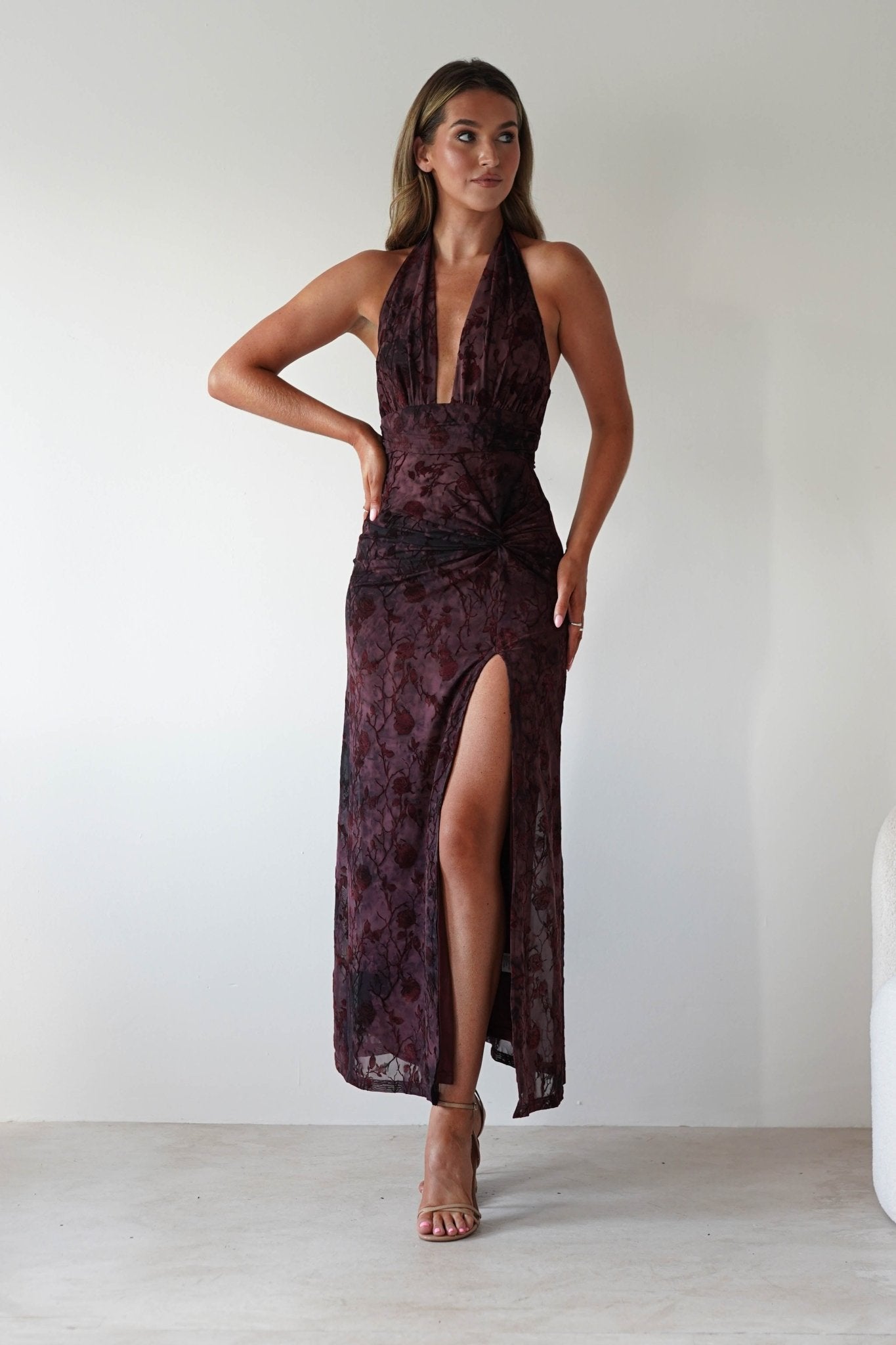 Paxton Halter Neck Floral Maxi Dress Wine | Wedding Guest Dress | Halter Neck | Maxi | Oh Hello Clothing