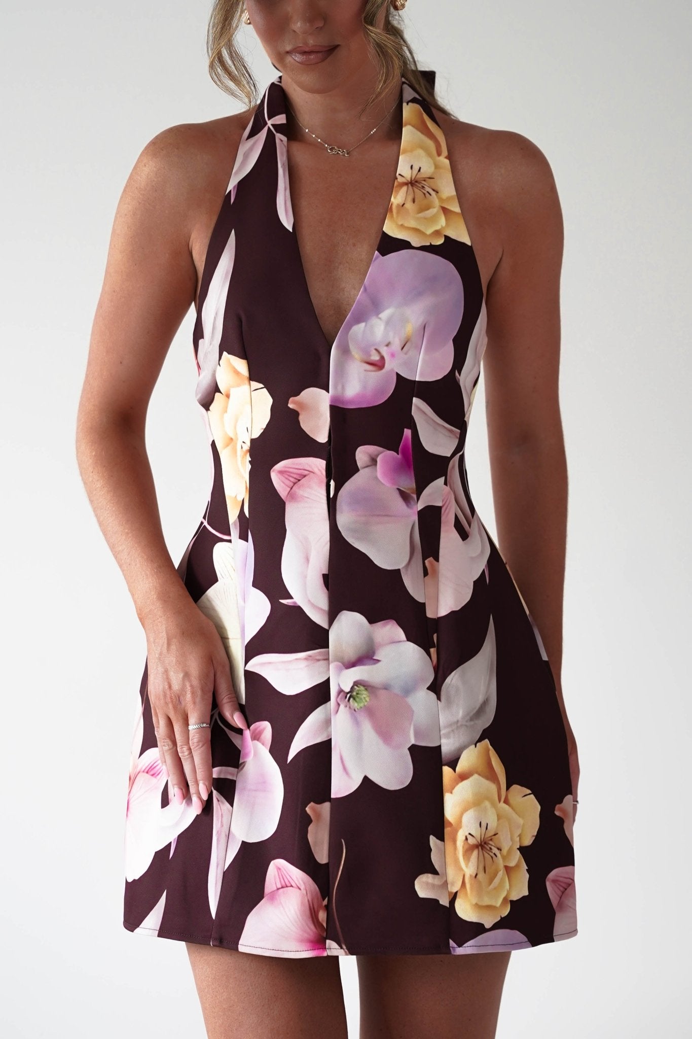 Peony Structured Halter Neck Mini Dress Brown | Wedding Guest Dress | Halter Neck | Oh Hello Clothing