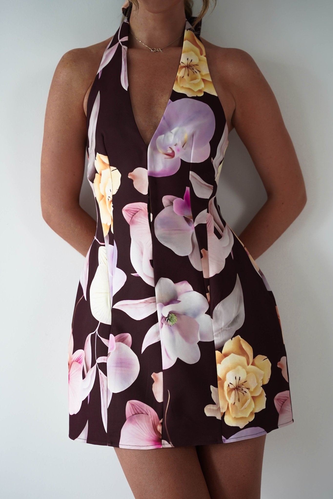 Peony Structured Halter Neck Mini Dress Brown | Wedding Guest Dress | Halter Neck | Oh Hello Clothing