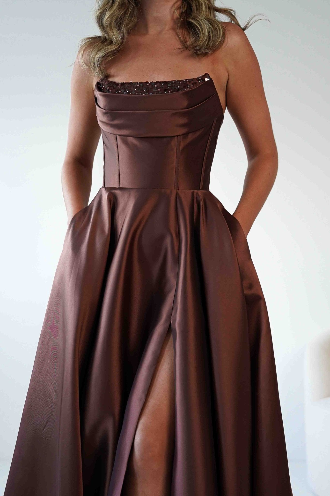 Pepper Strapless A-Line Maxi Gown | Brown | Debs & Prom | Formal Gown | Oh Hello Clothing