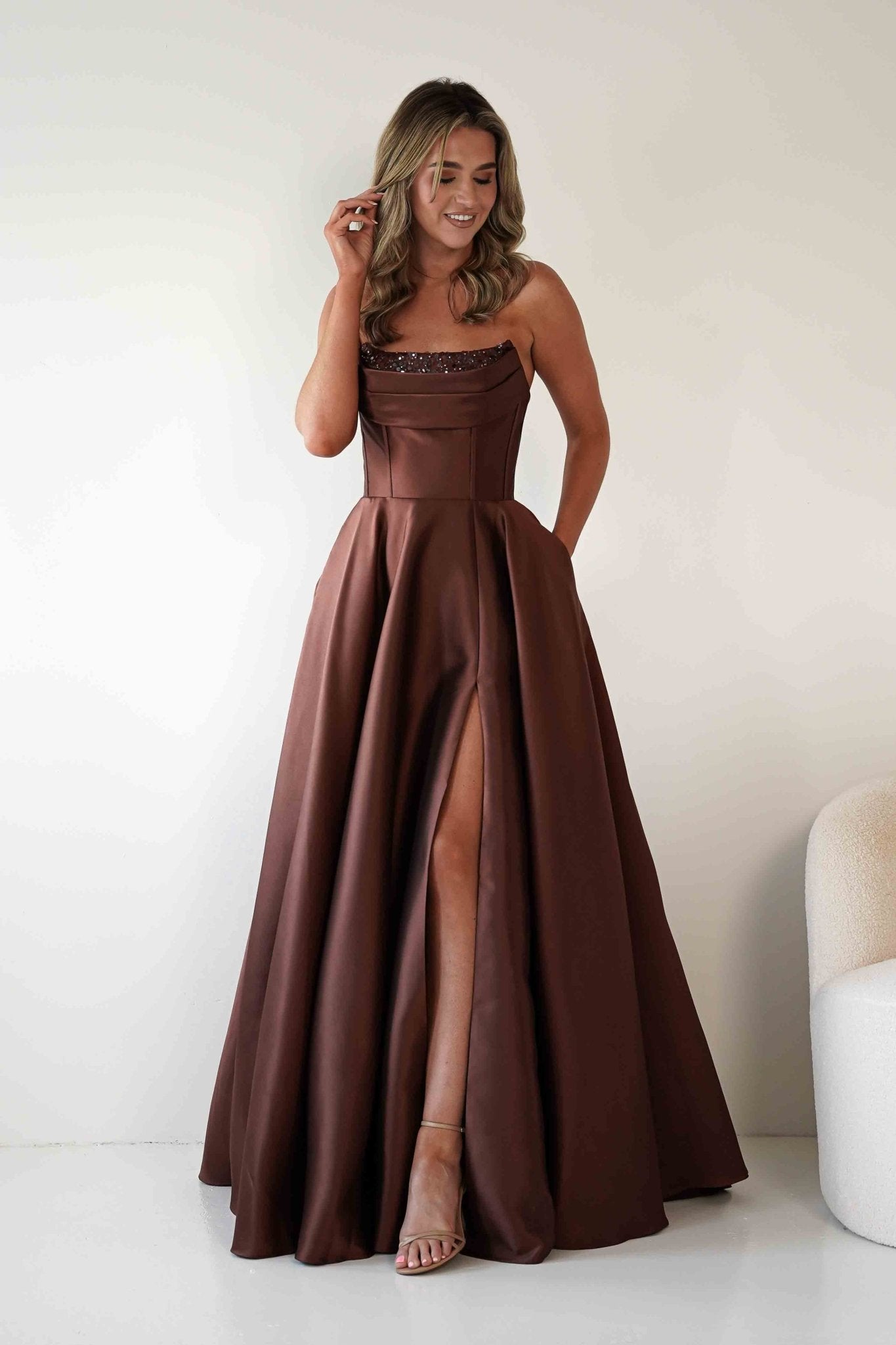 Pepper Strapless A-Line Maxi Gown | Brown | Debs & Prom | Formal Gown | Oh Hello Clothing