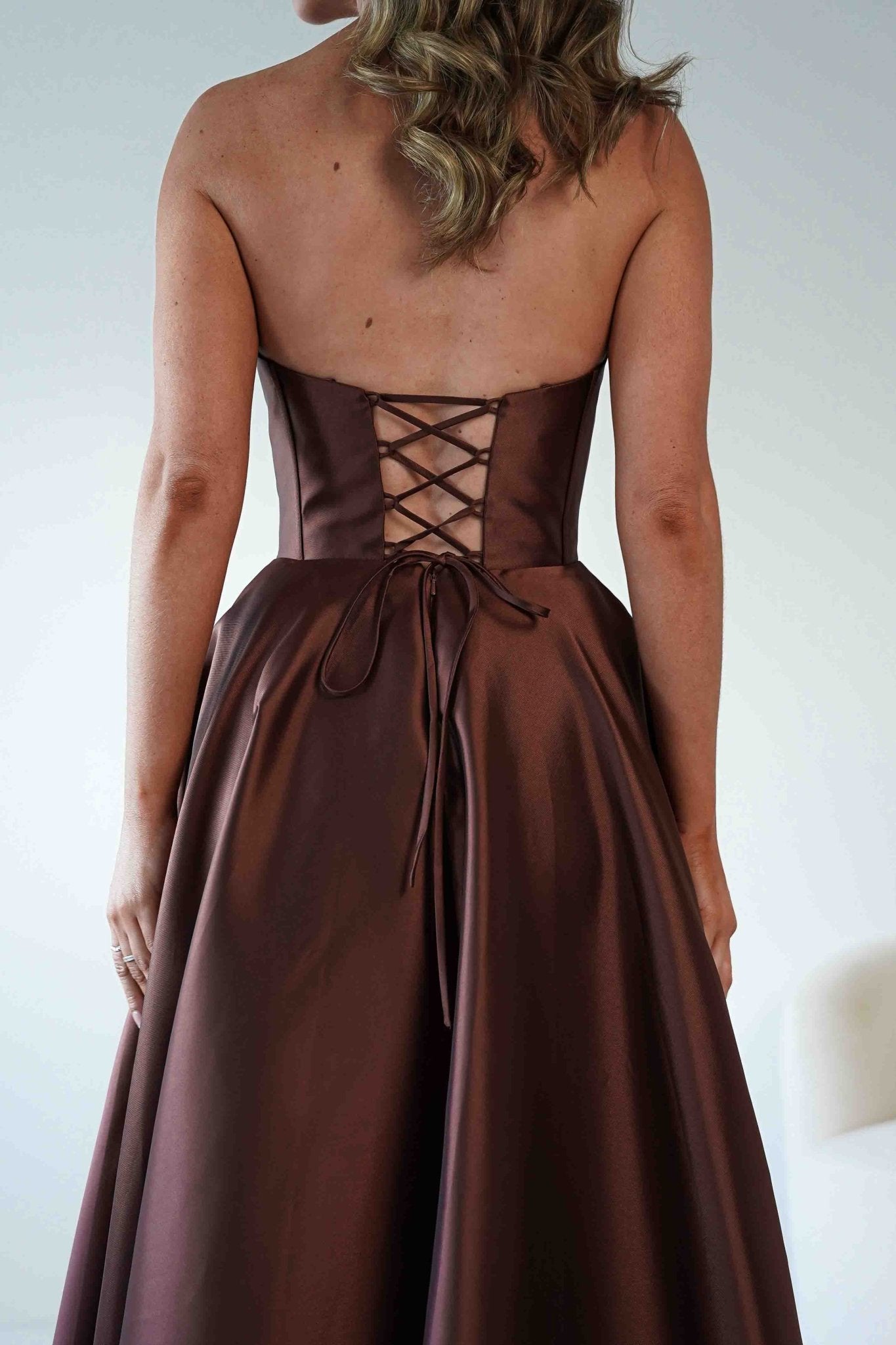 Pepper Strapless A-Line Maxi Gown | Brown | Debs & Prom | Formal Gown | Oh Hello Clothing