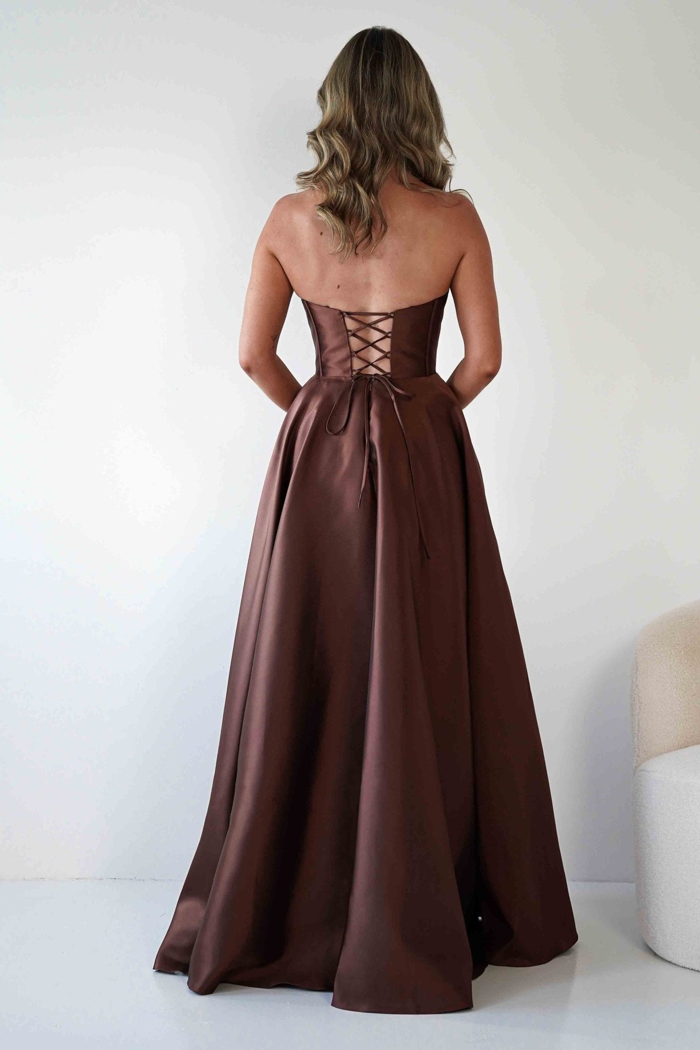 Pepper Strapless A-Line Maxi Gown | Brown | Debs & Prom | Formal Gown | Oh Hello Clothing