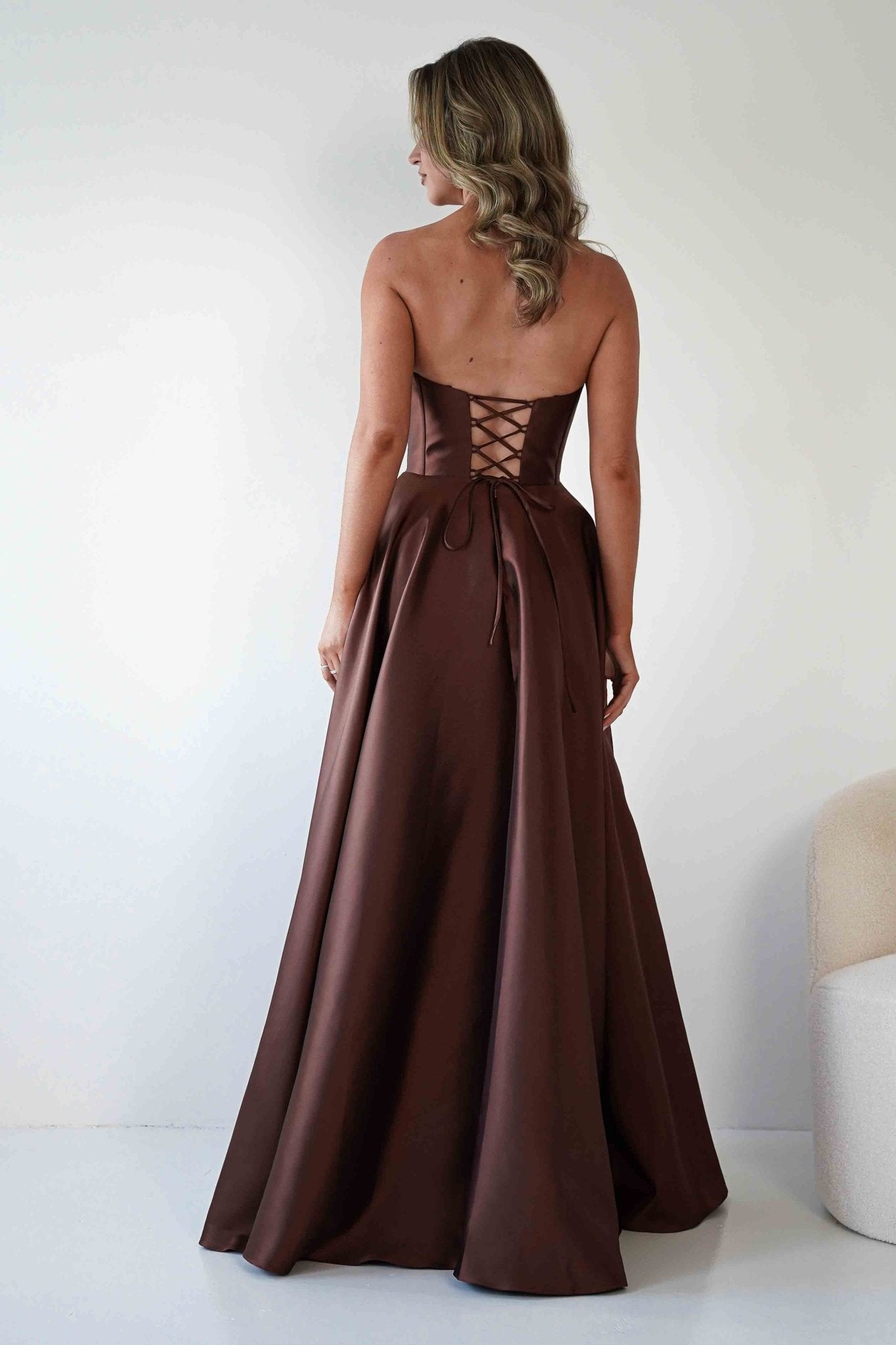 Pepper Strapless A-Line Maxi Gown | Brown | Debs & Prom | Formal Gown | Oh Hello Clothing