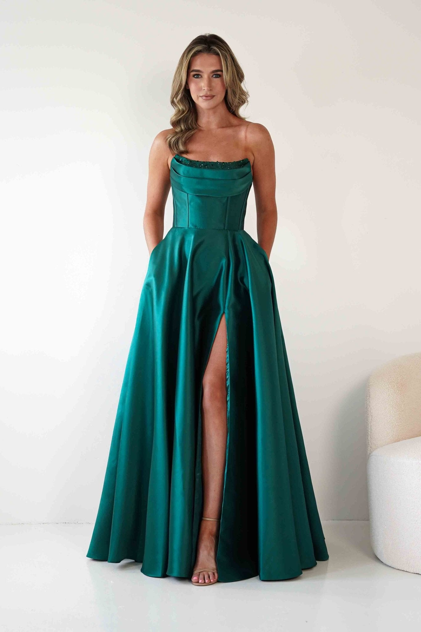 Pepper Strapless A-Line Maxi Gown | Emerald Green | Debs & Prom | Formal Gown | Oh Hello Clothing