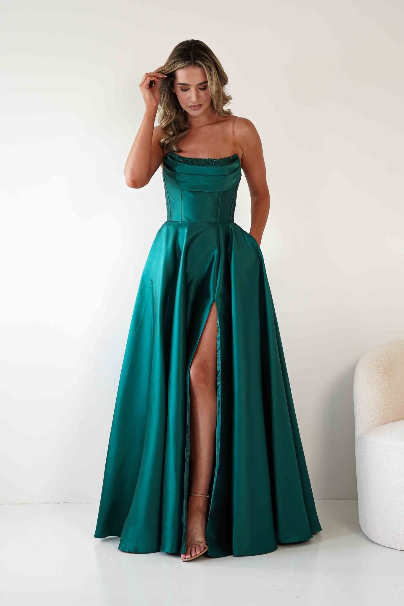 Pepper Strapless A-Line Maxi Gown | Emerald Green | Debs & Prom | Formal Gown | Oh Hello Clothing